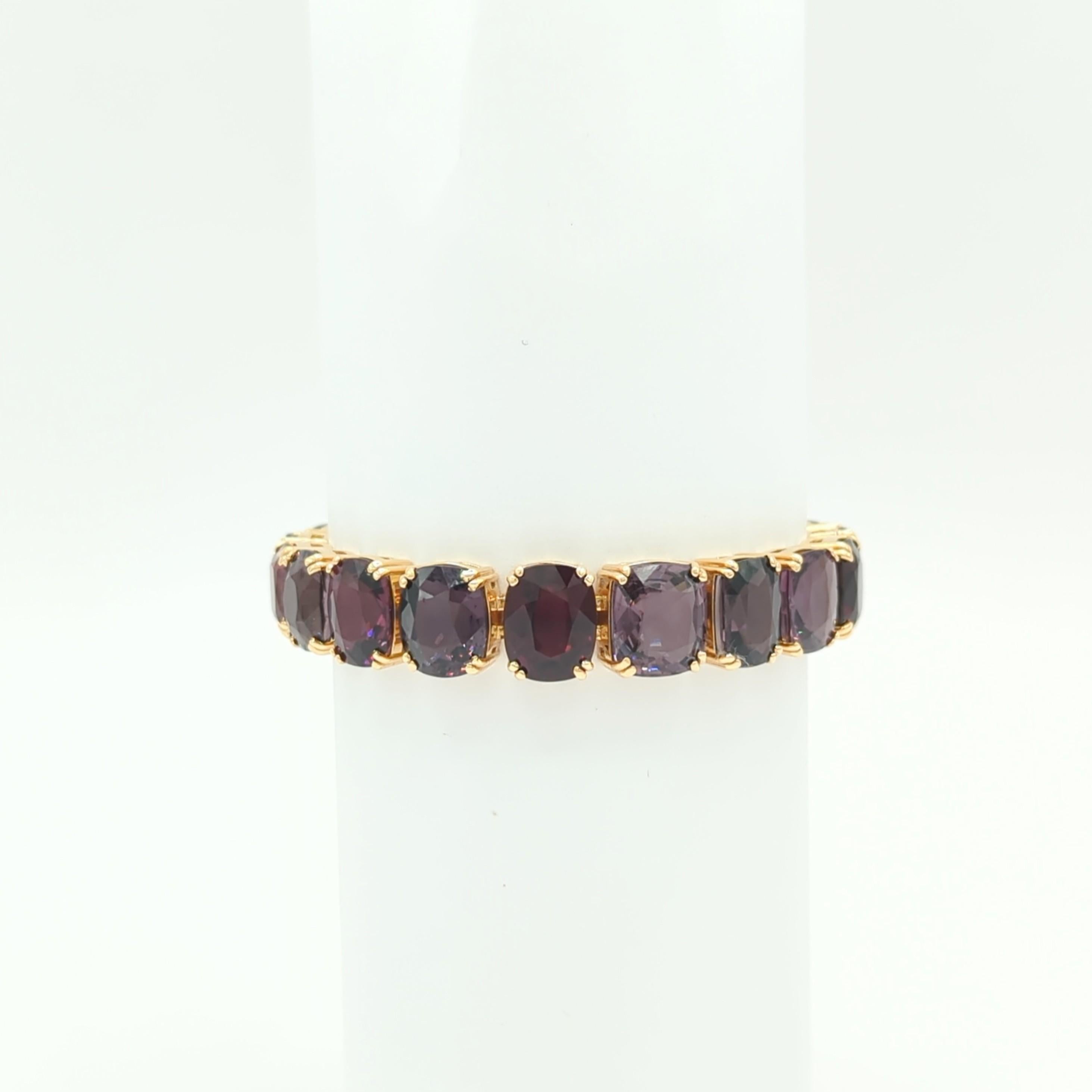 Unheated Burma Multi Color Spinel Cushion Bracelet in 18K Yellow Gold For Sale 5