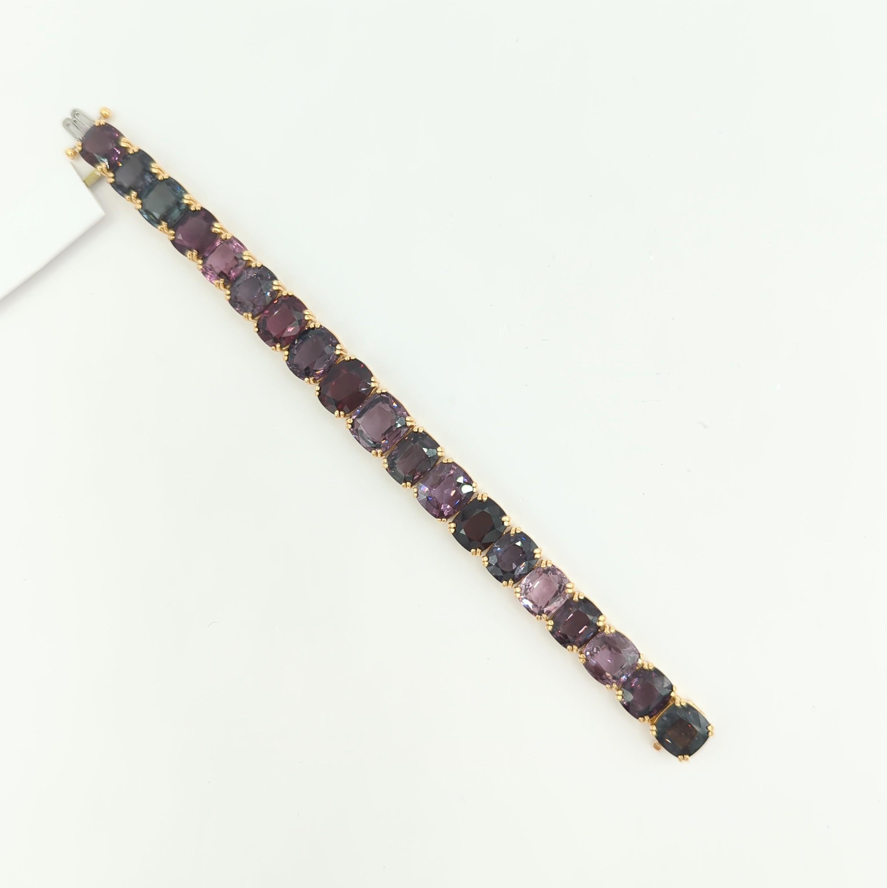 Unheated Burma Multi Color Spinel Cushion Bracelet in 18K Yellow Gold For Sale 6