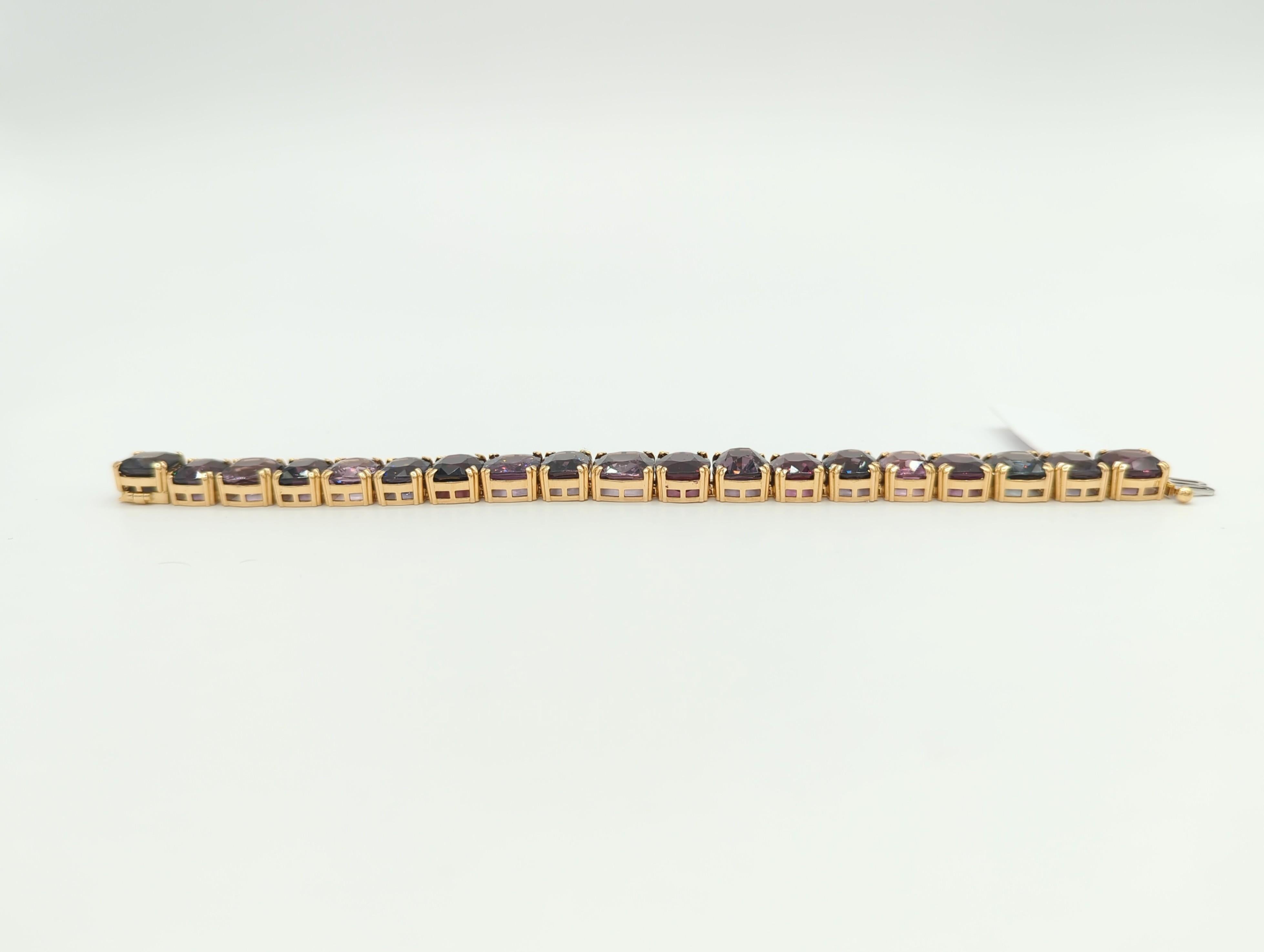Unheated Burma Multi Color Spinel Cushion Bracelet in 18K Yellow Gold For Sale 7