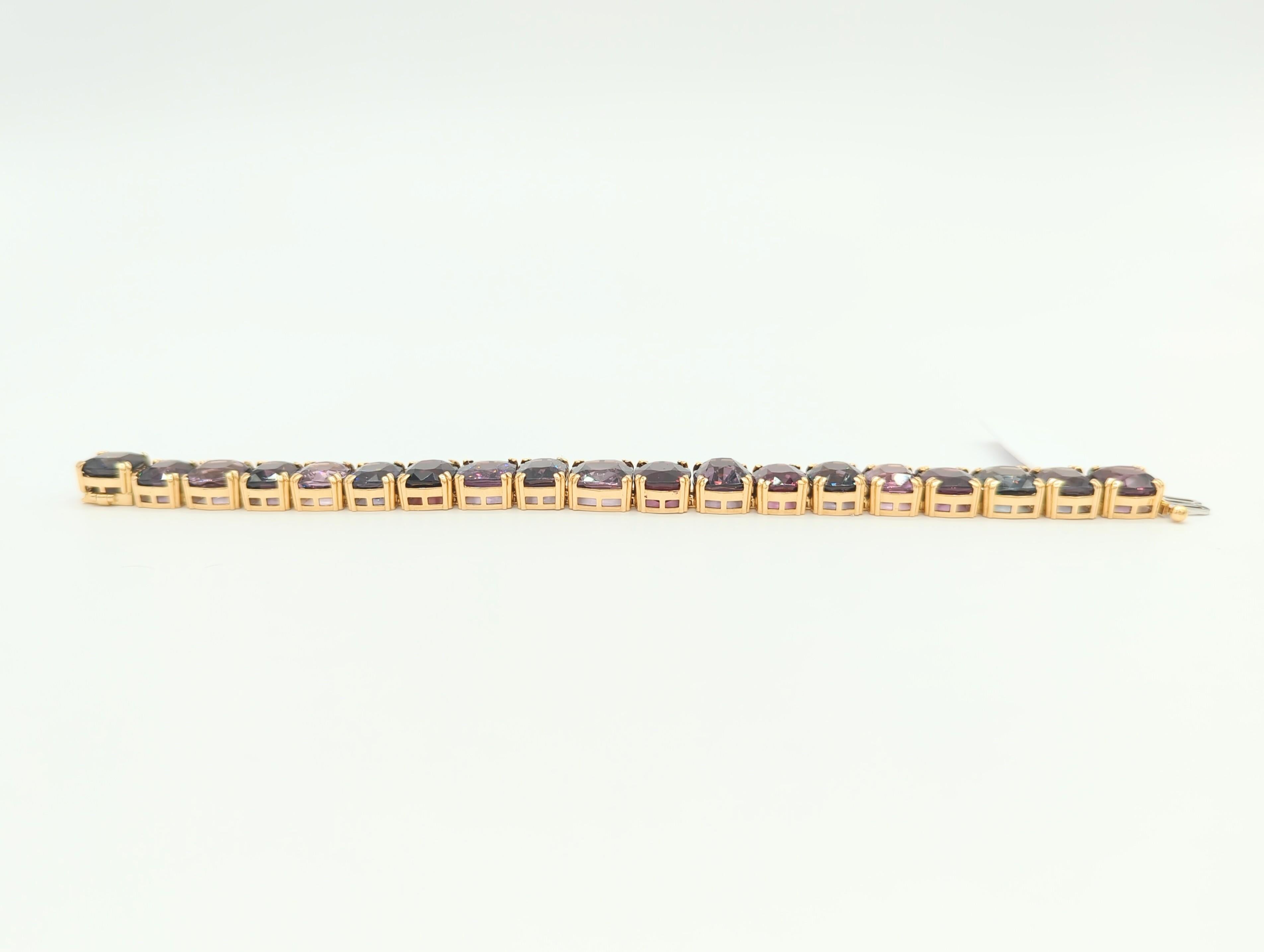 Unheated Burma Multi Color Spinel Cushion Bracelet in 18K Yellow Gold For Sale 8