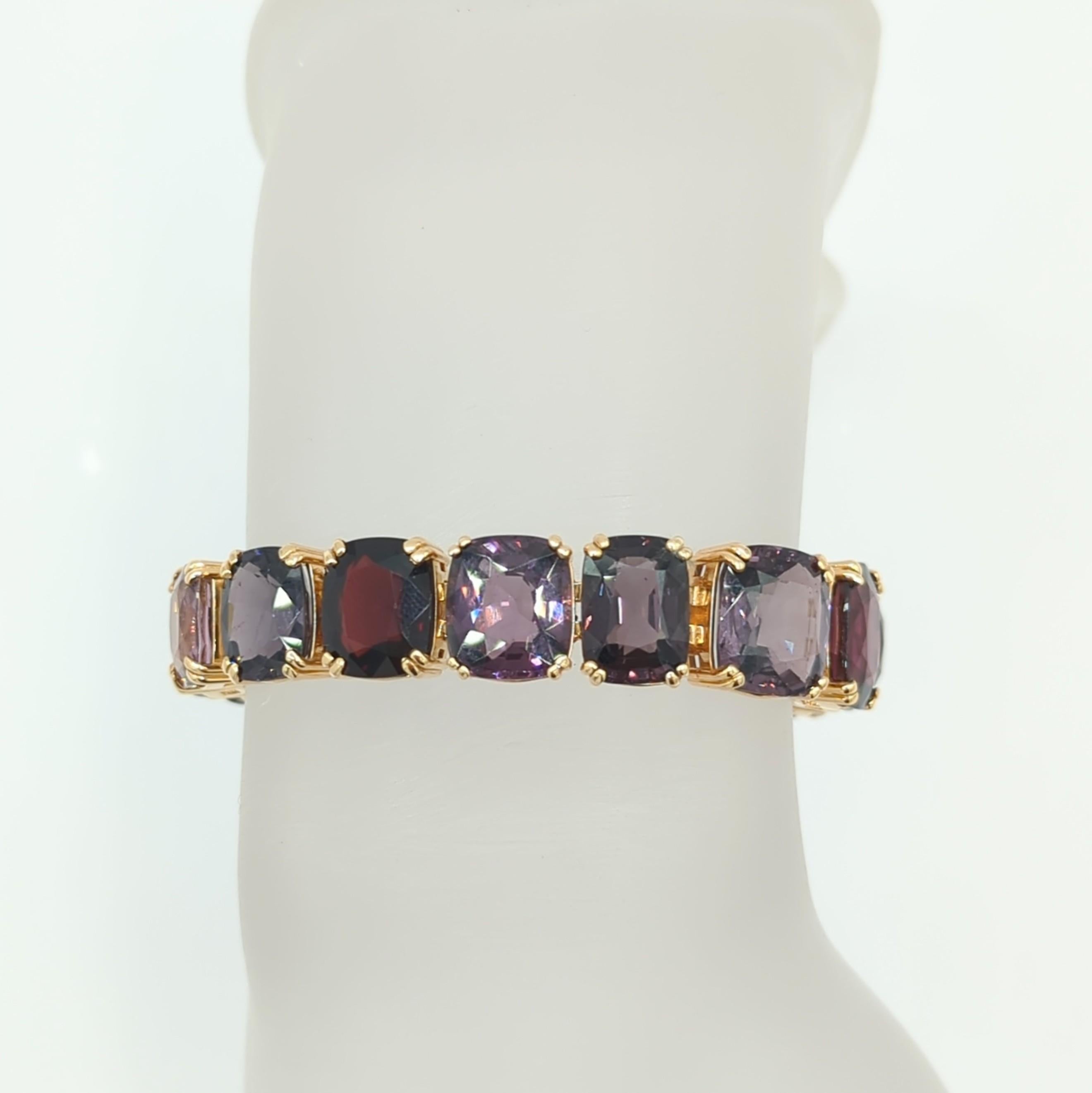 Women's or Men's Unheated Burma Multi Color Spinel Cushion Bracelet in 18K Yellow Gold For Sale