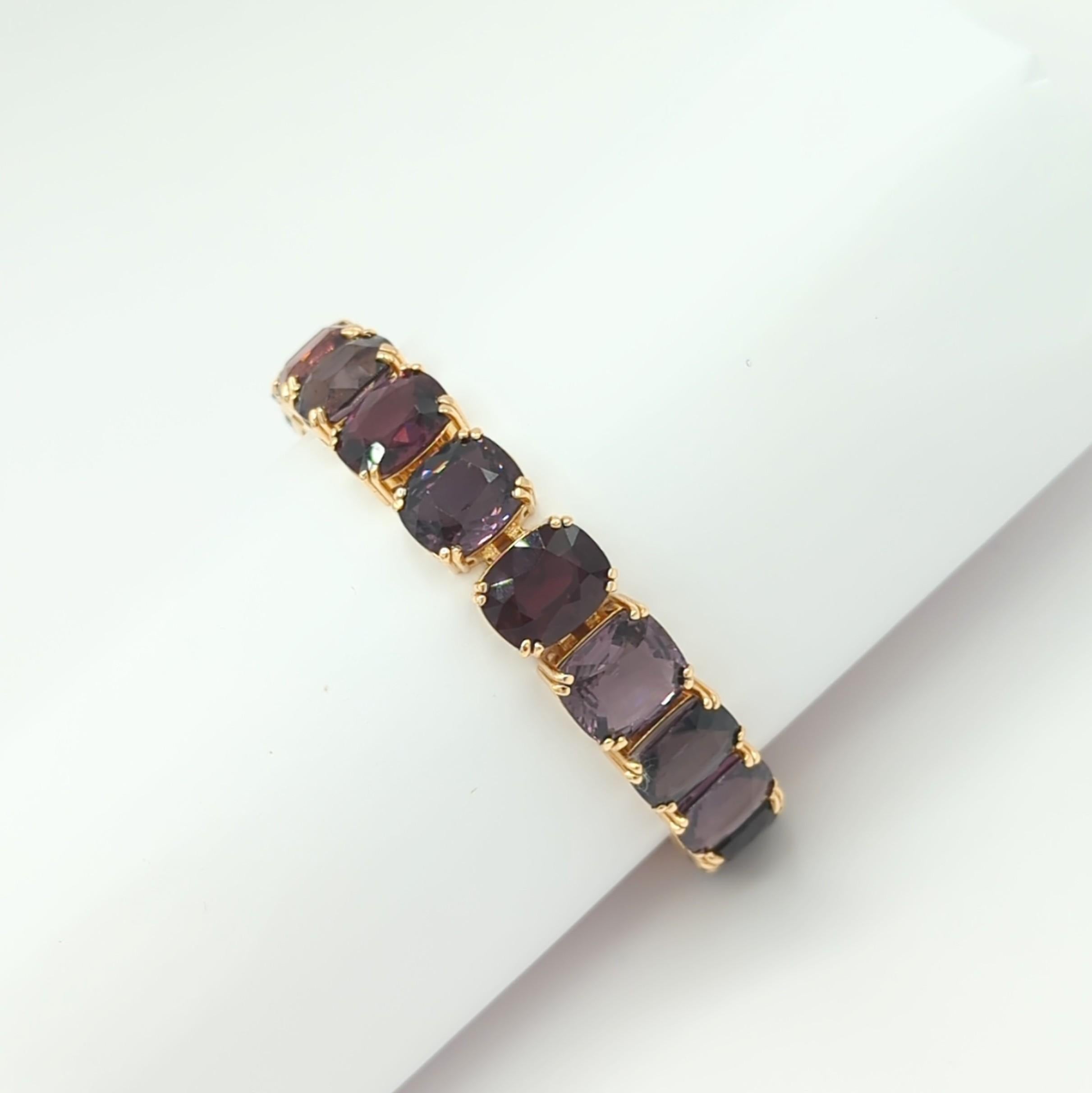 Unheated Burma Multi Color Spinel Cushion Bracelet in 18K Yellow Gold For Sale 2