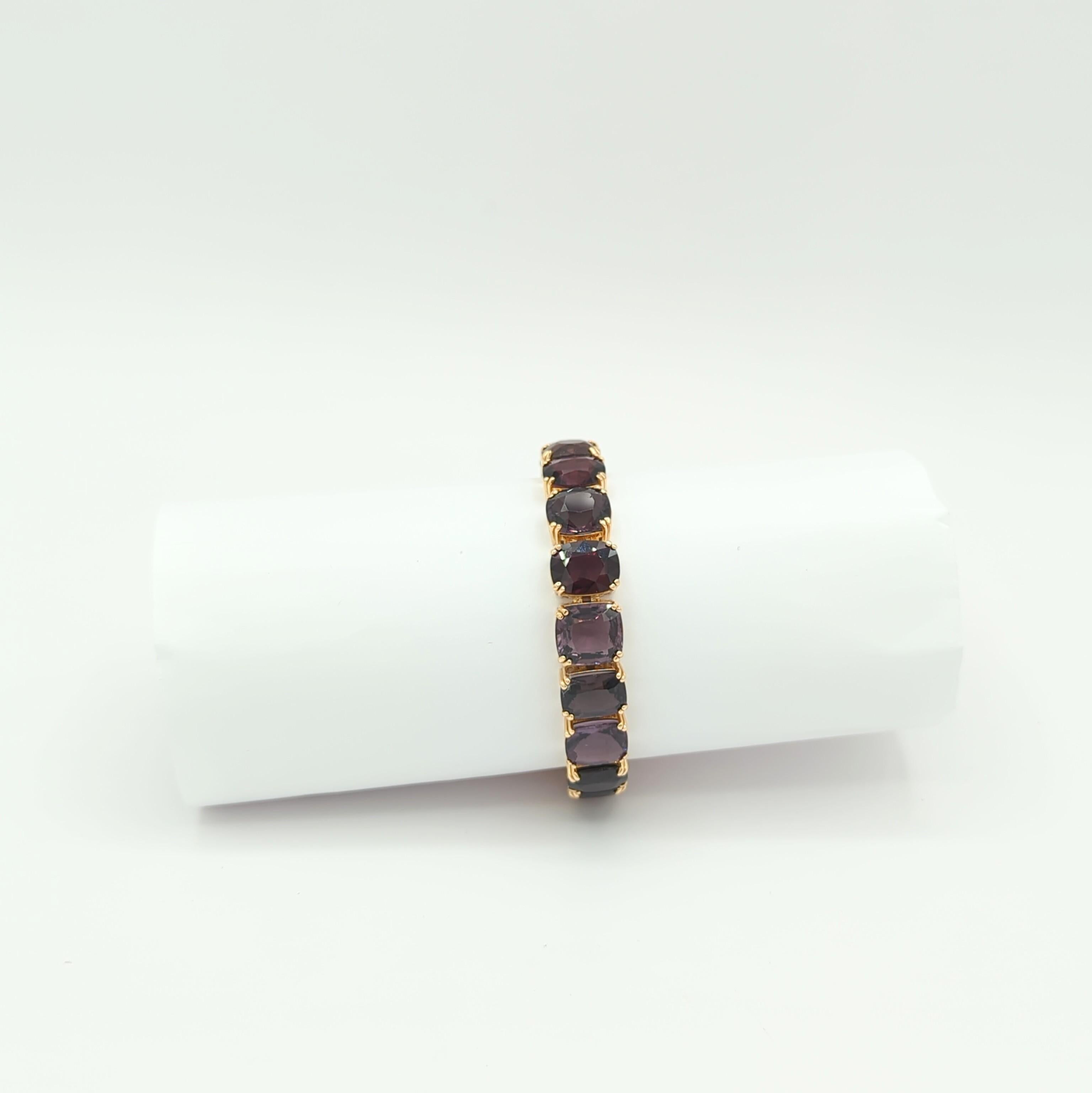 Unheated Burma Multi Color Spinel Cushion Bracelet in 18K Yellow Gold For Sale 3