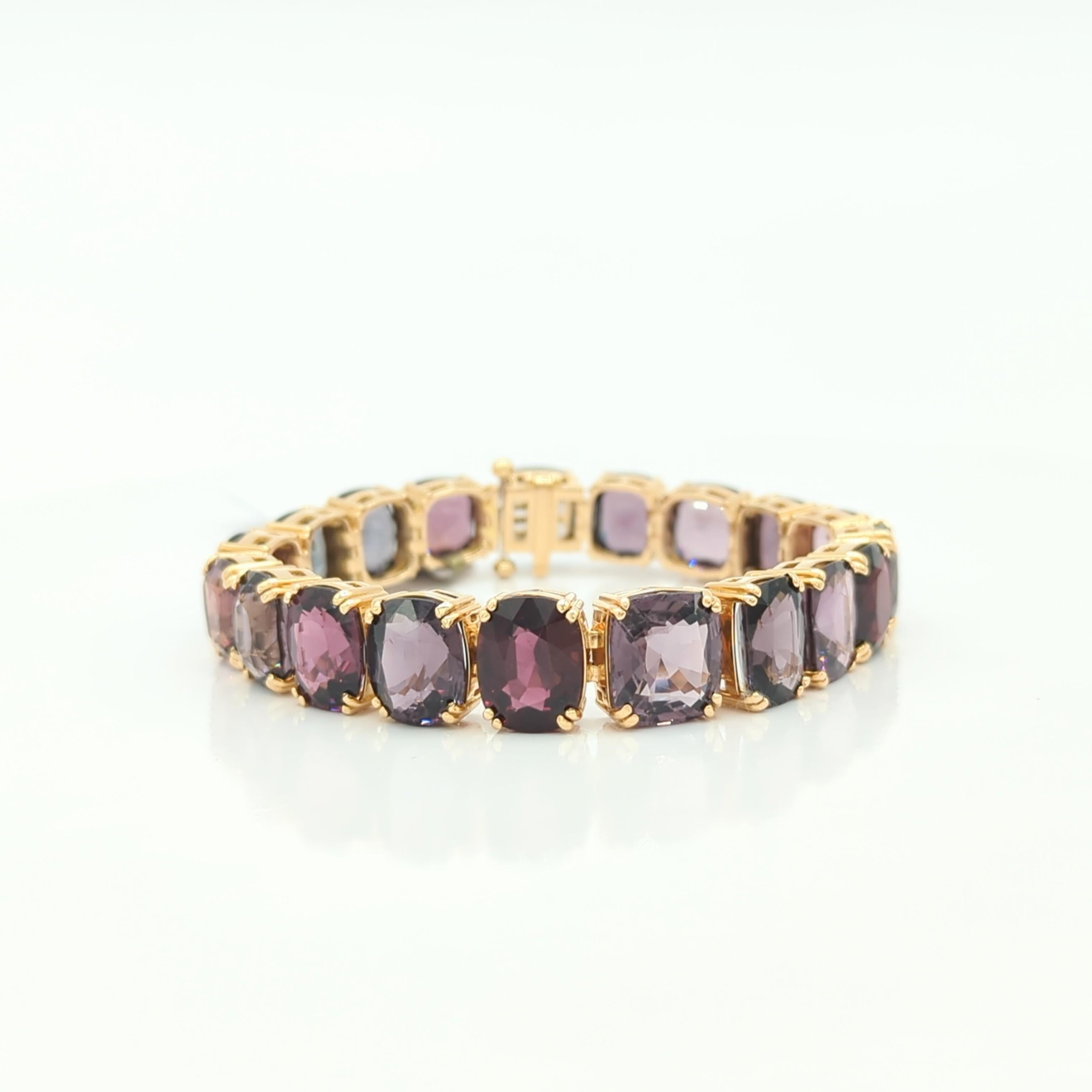 Unheated Burma Multi Color Spinel Cushion Bracelet in 18K Yellow Gold For Sale 4