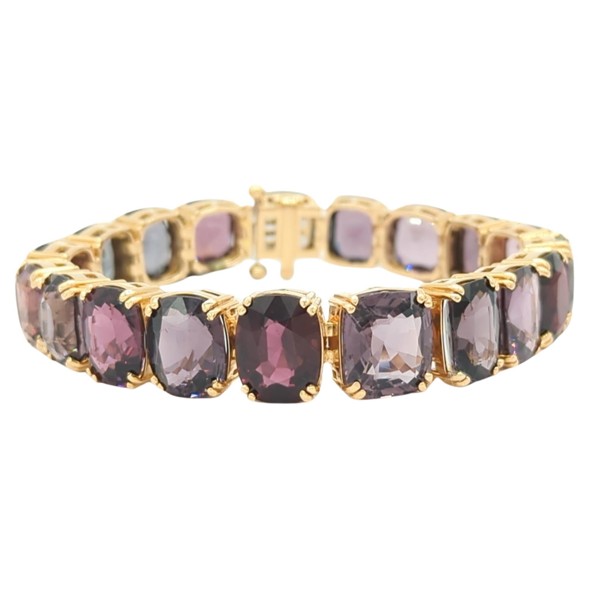 Unheated Burma Multi Color Spinel Cushion Bracelet in 18K Yellow Gold For Sale