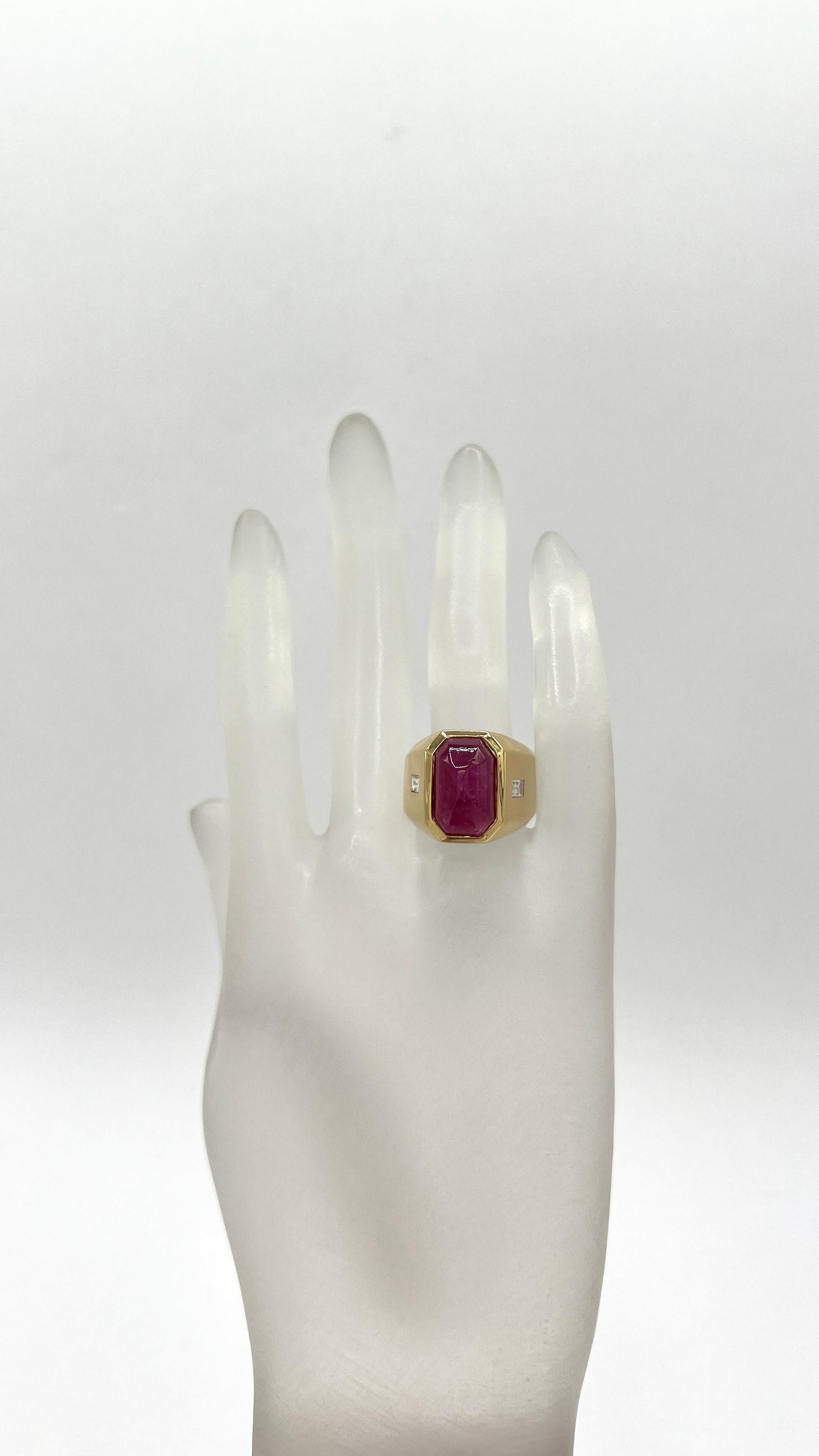 Sugarloaf Cabochon Unheated Burma Ruby and White Diamond Ring in 18K Yellow Gold