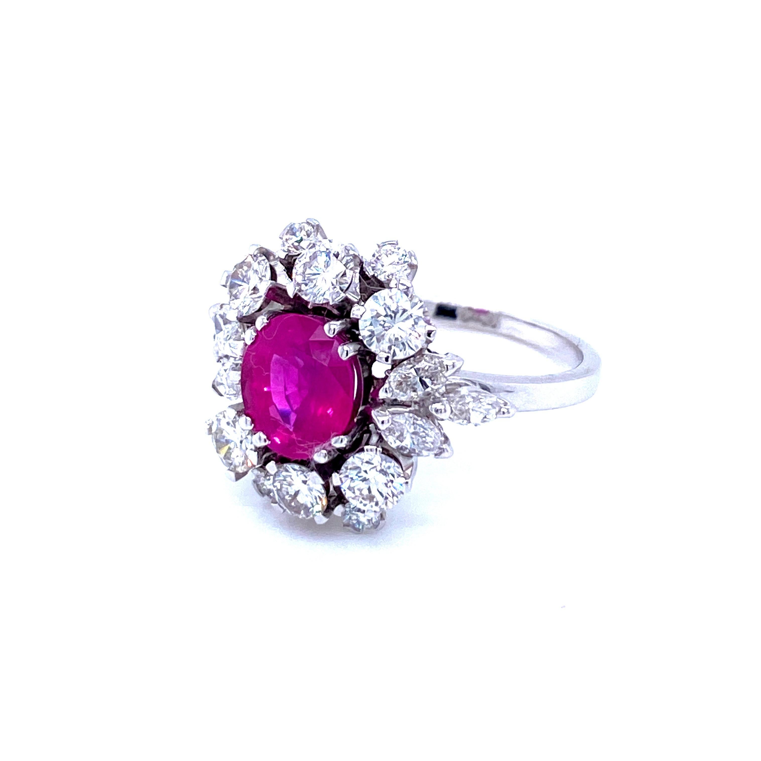 Women's Unheated Burma Ruby Diamond Vintage Gold Cluster Ring