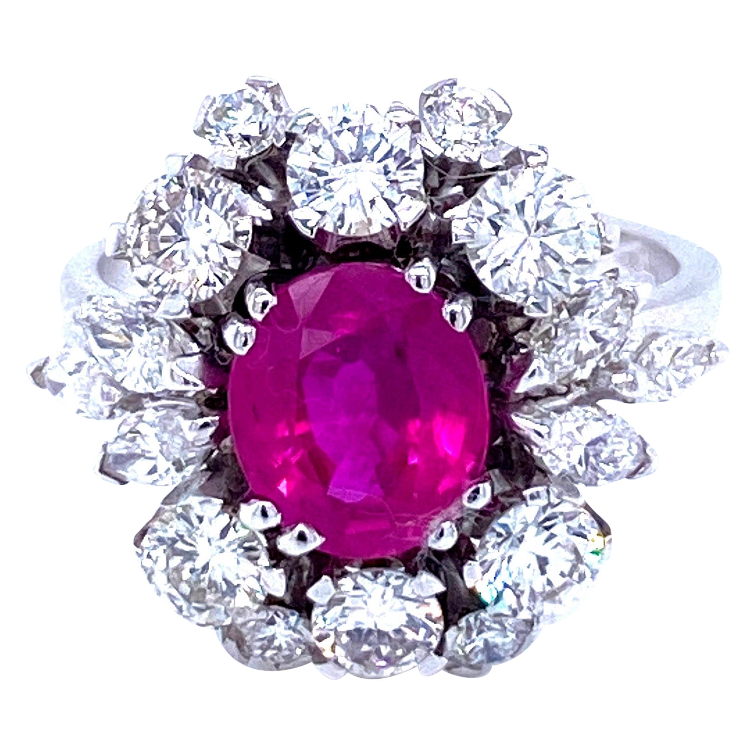 Unheated Burma Ruby Diamond Vintage Gold Cluster Ring