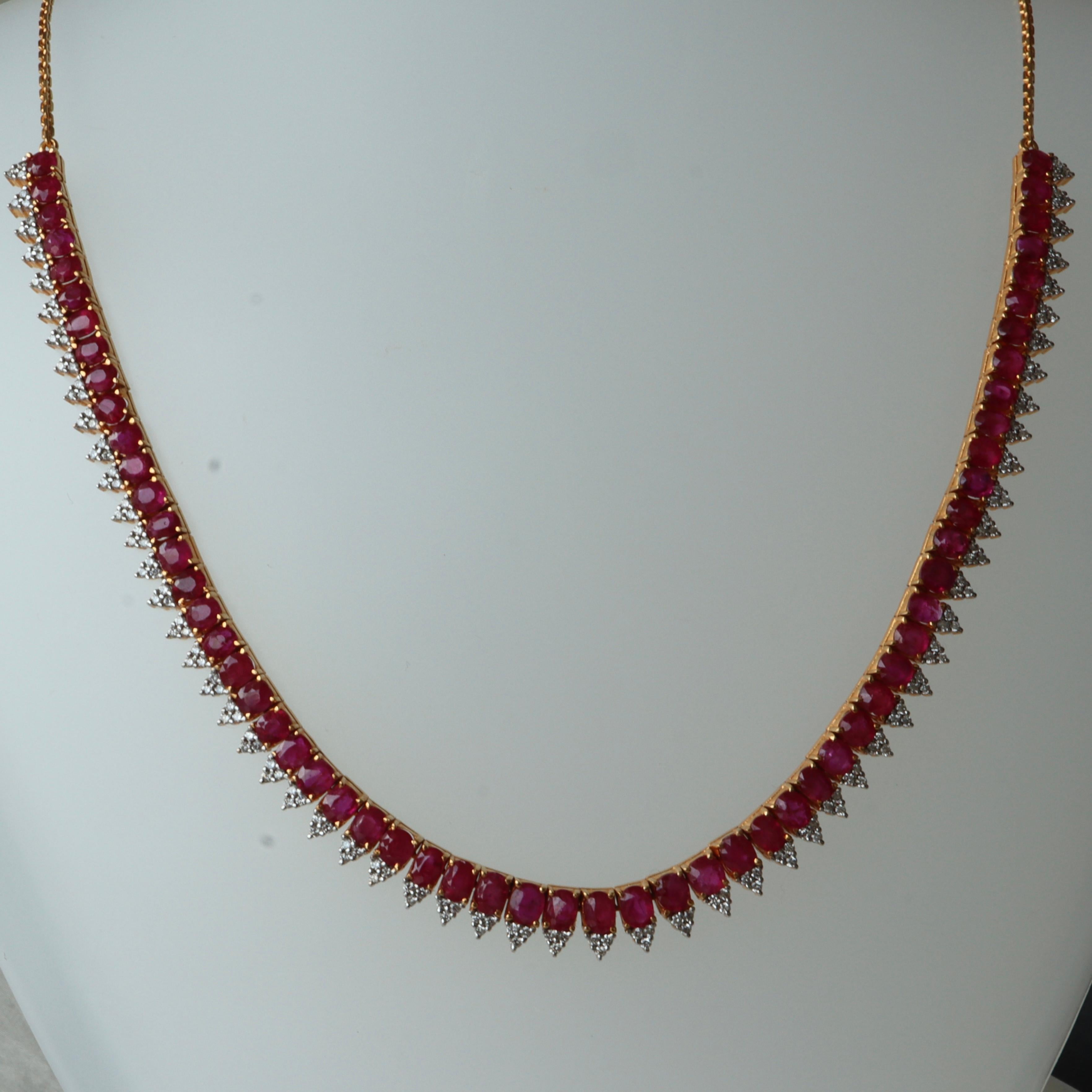 Collier de rubis de Birmanie non chauffé et de diamants naturels en or massif 18 carats 14