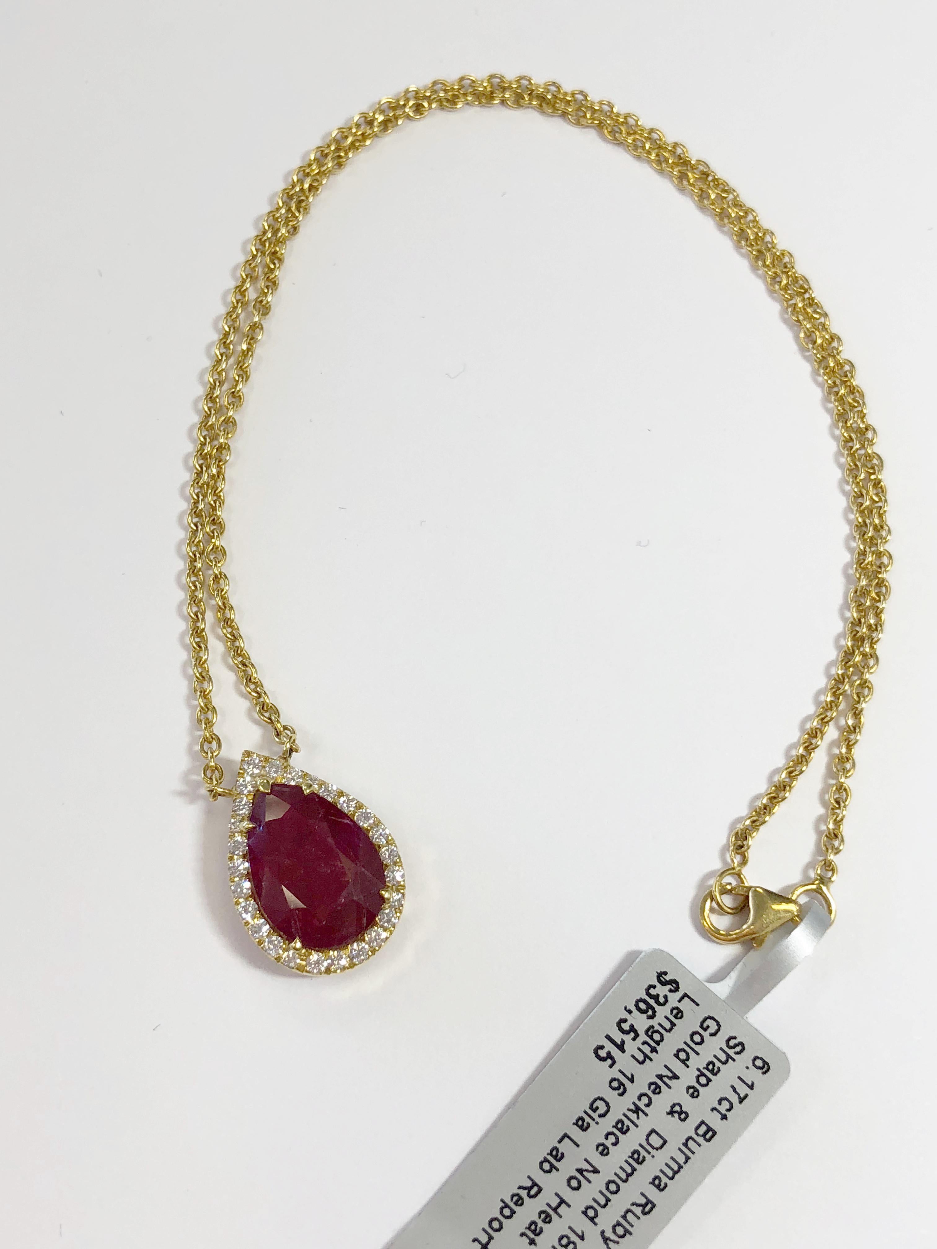 Unheated Burma Ruby Pear Shape and Diamond Necklace in 18 Karat with GIA Report In New Condition In Los Angeles, CA