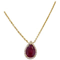 Unheated Burma Ruby Pear Shape and Diamond Necklace in 18 Karat with GIA Report