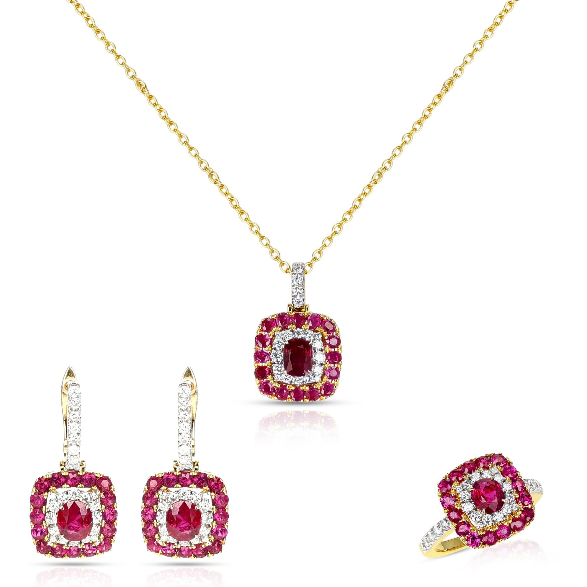 Unheated Burma Ruby Pigeon Blood Set with Ring, Pendant and Earrings, 18k In Excellent Condition For Sale In New York, NY