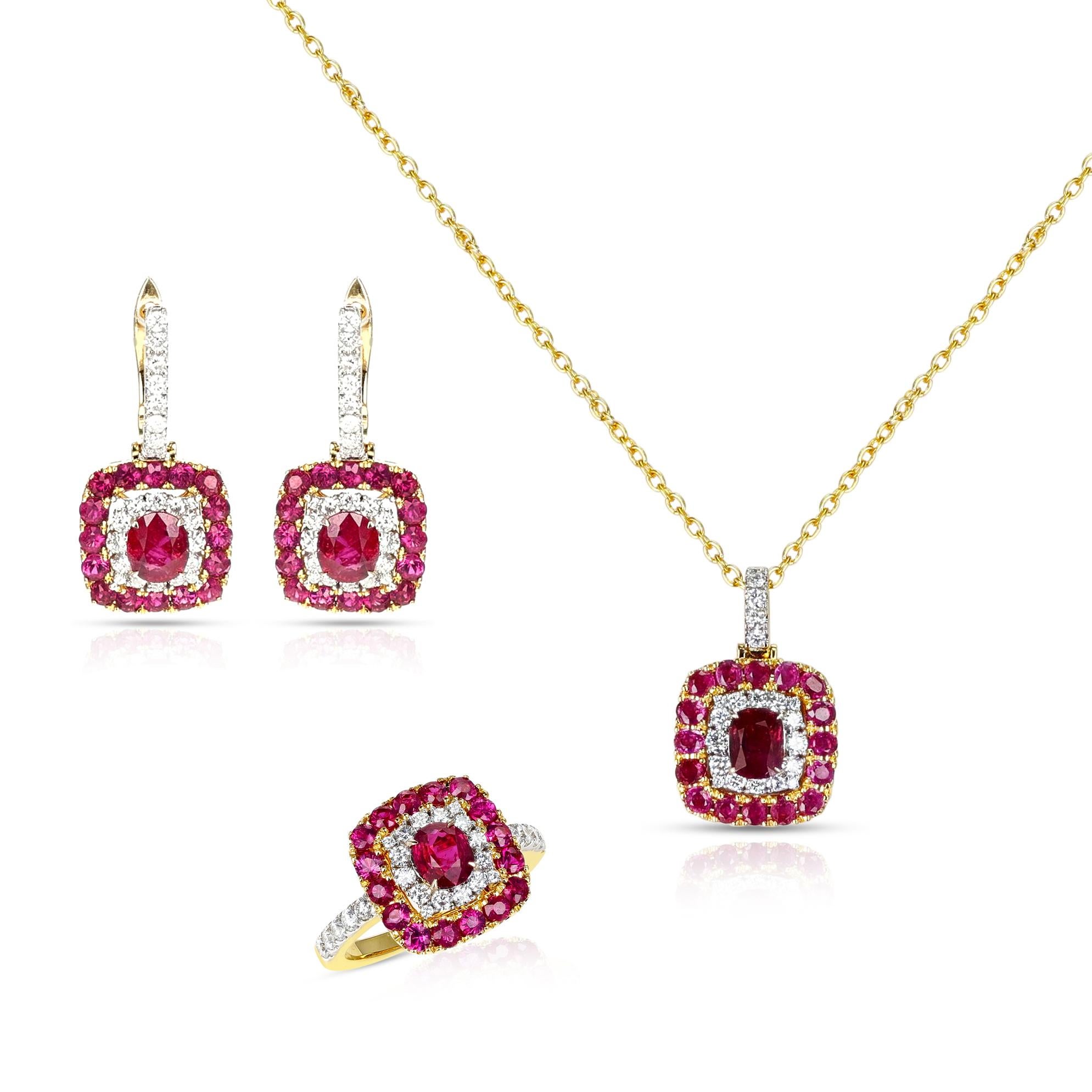Women's or Men's Unheated Burma Ruby Pigeon Blood Set with Ring, Pendant and Earrings, 18k For Sale