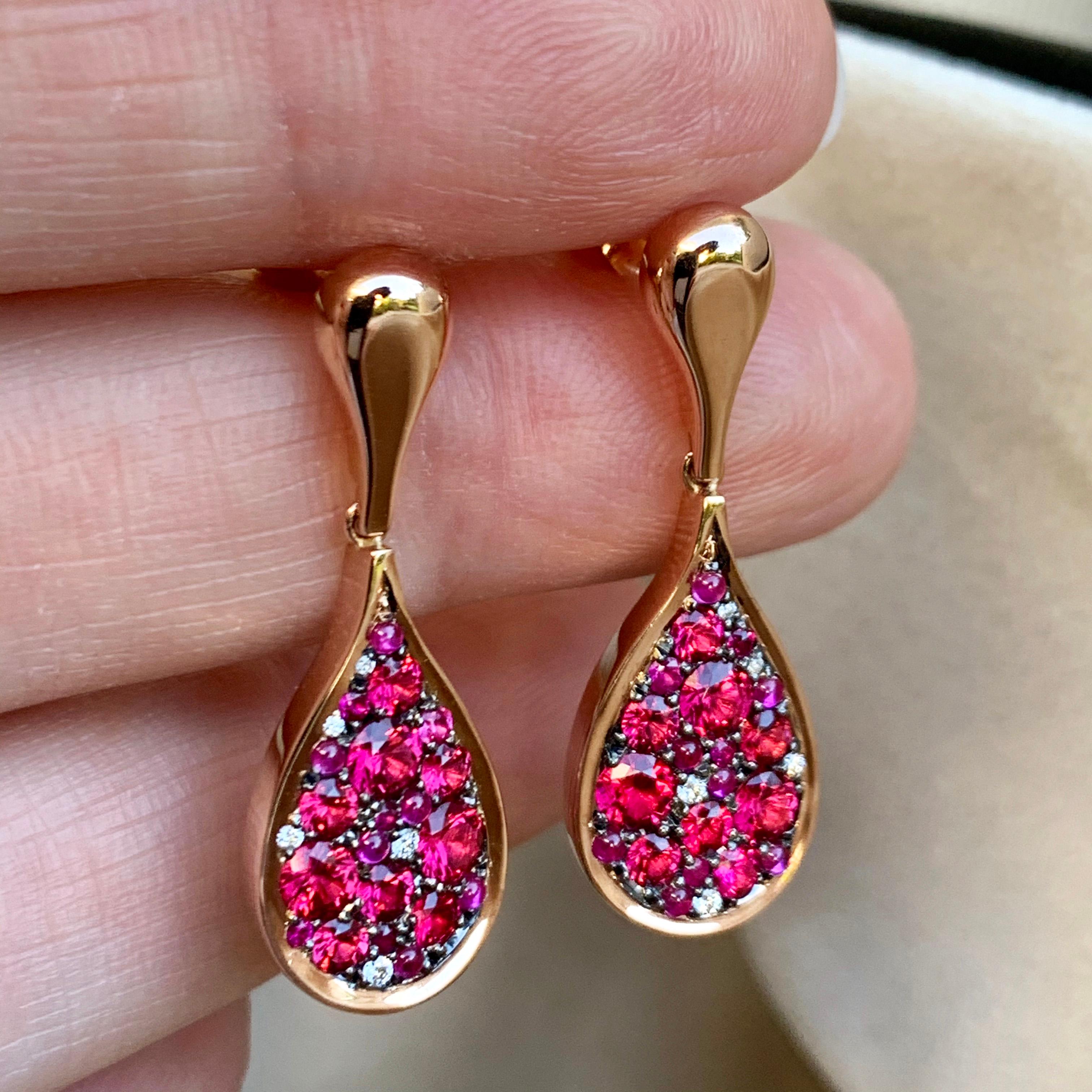 Unheated Burmese Hot Pink Red Spinel, Ruby, diamond, Pink Sapphire Pave Earrings In New Condition In Antwerp, BE