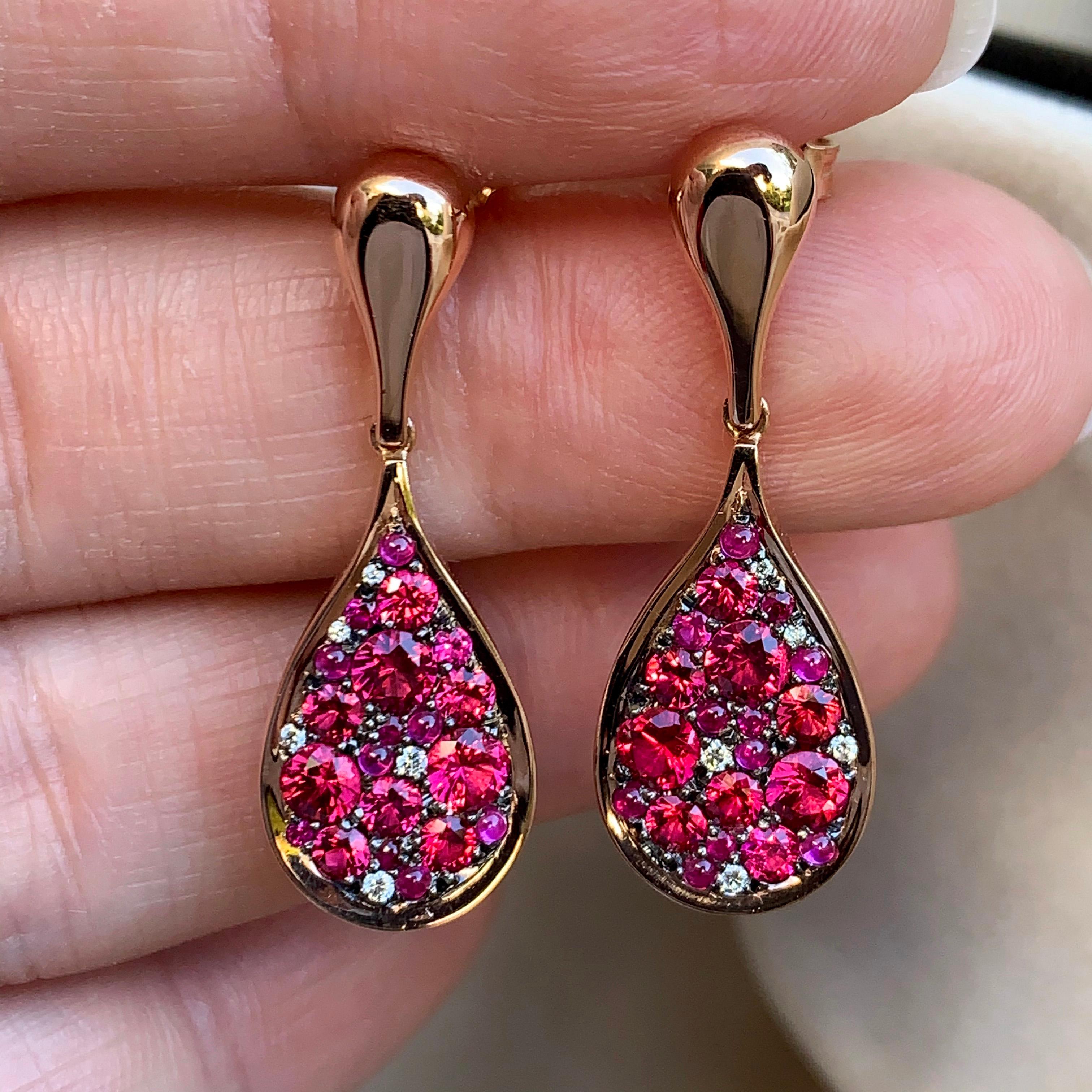 Women's Unheated Burmese Hot Pink Red Spinel, Ruby, diamond, Pink Sapphire Pave Earrings