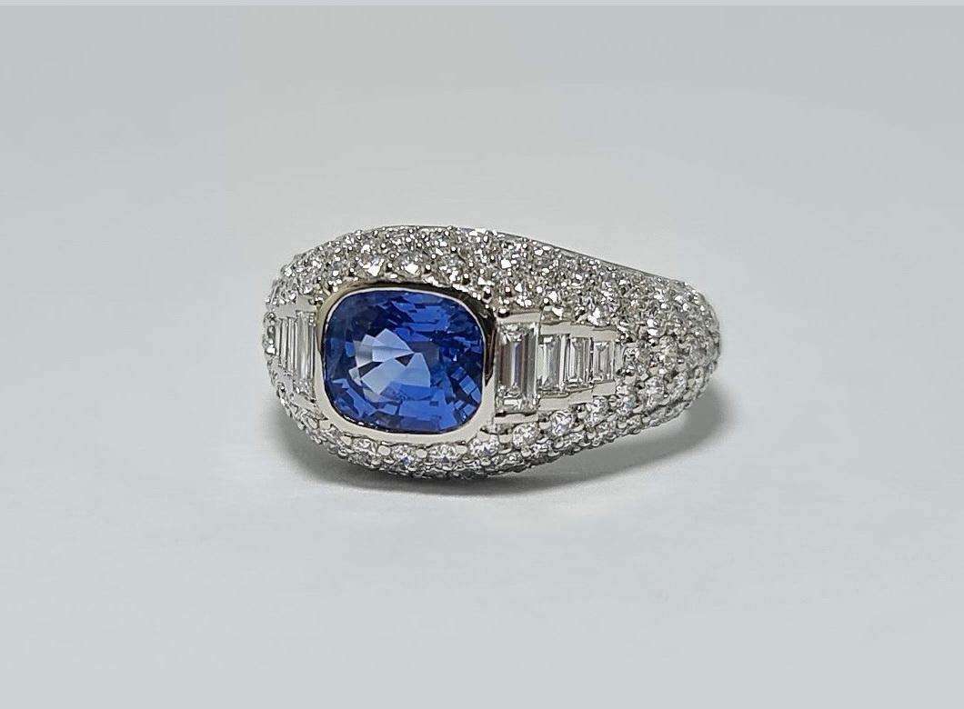 Art Deco Lotus Unheated Burmese Sapphire 2.20 Ct 950 Platinum Bombe Diamond Ring For Sale
