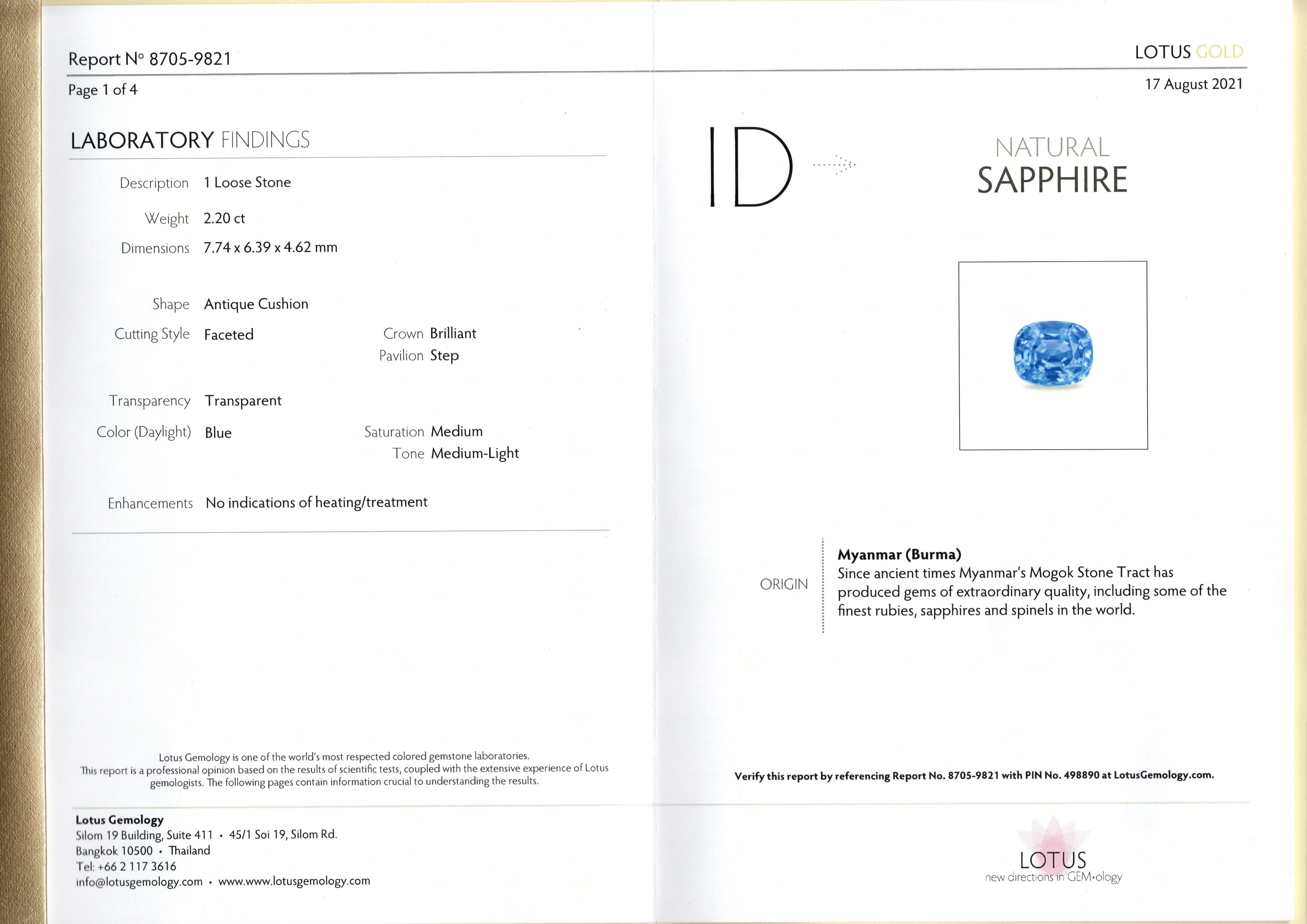 Lotus Certified Unheated 2.20 Ct Burmese Sapphire set in 950 Platinum with Baguette natural  Diamonds VVS D and Round Brilliant cut VVS F natural Diamonds