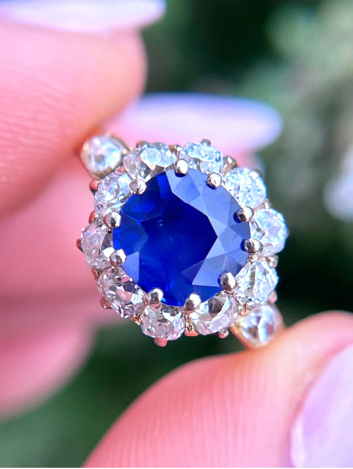 Antique Cushion Cut Unheated Burmese Sapphire and Diamond Ring, 2.30 Carats