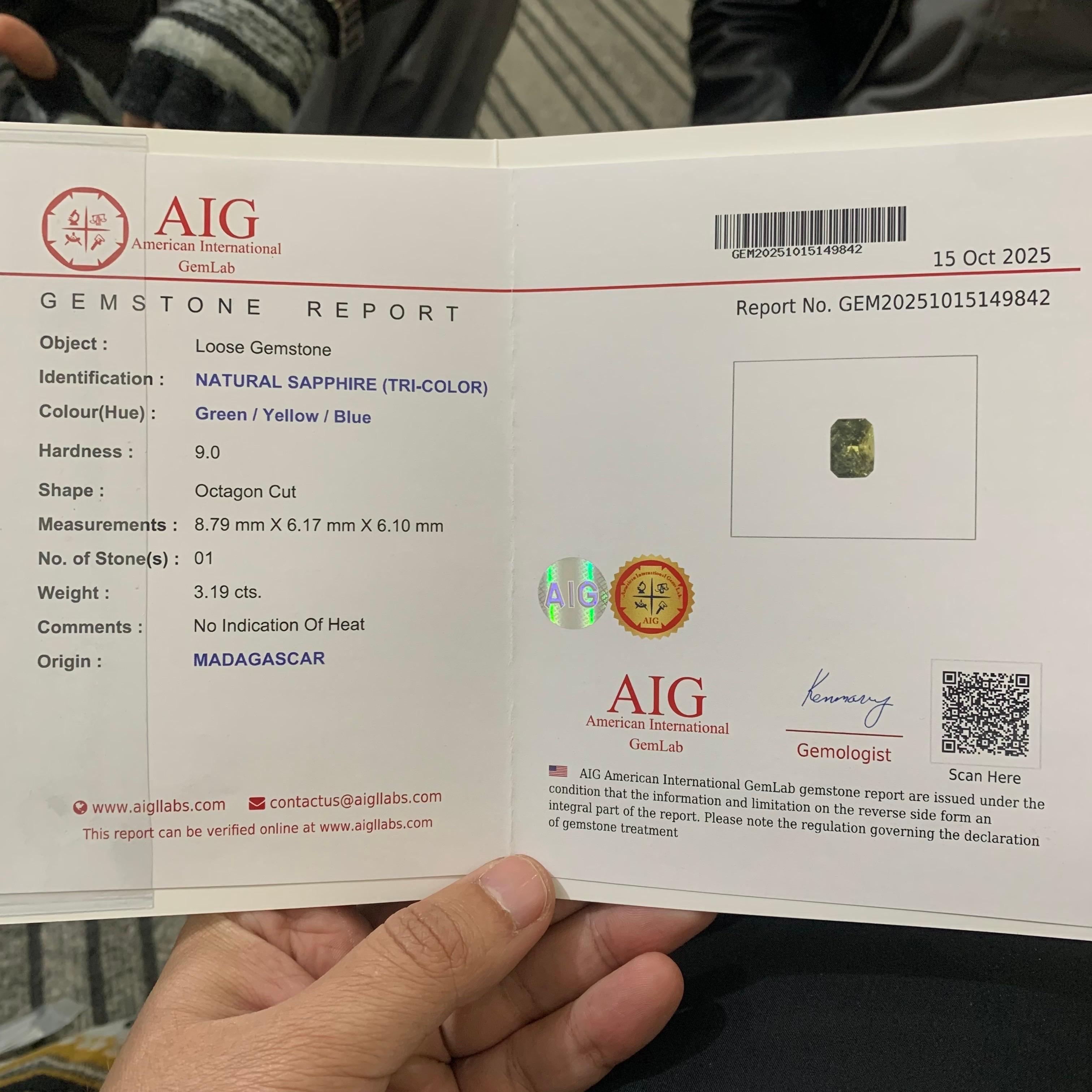 Unerhitzter zertifizierter 3,19 Karat natürlicher loser dreifarbiger Saphir Edelstein im Angebot 7