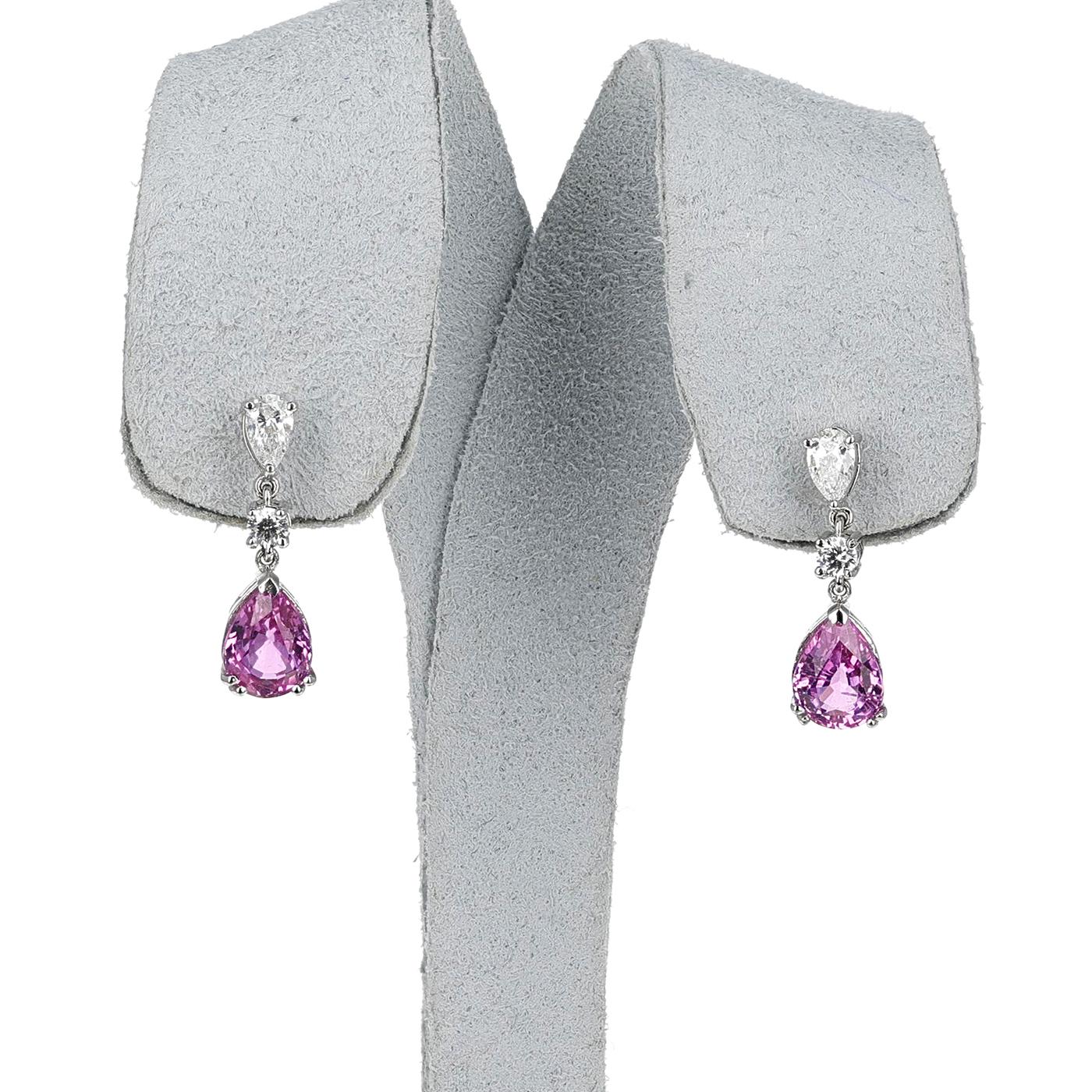 Pear Cut Unheated Certified Pink Sapphire Pear Shape Earrings with Diamonds, 18k