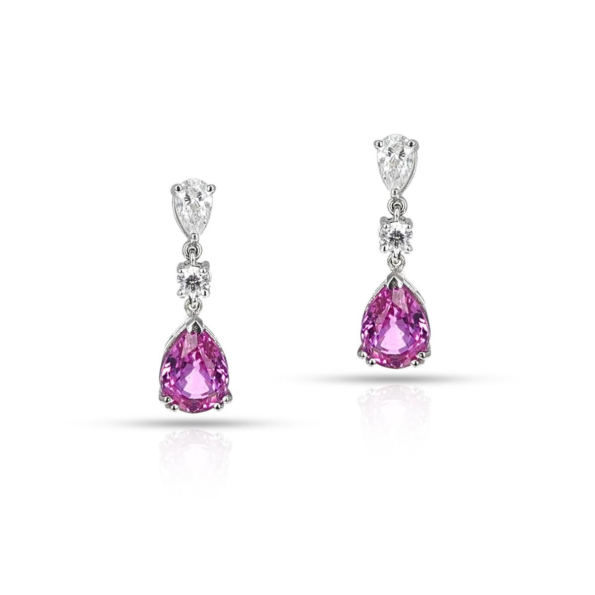 Unheated Certified Pink Sapphire Pear Shape Earrings with Diamonds, 18k In Excellent Condition In New York, NY