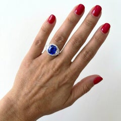 Unheated Ceylon 4.06 Carat Cushion Blue Sapphire Diamond Ring