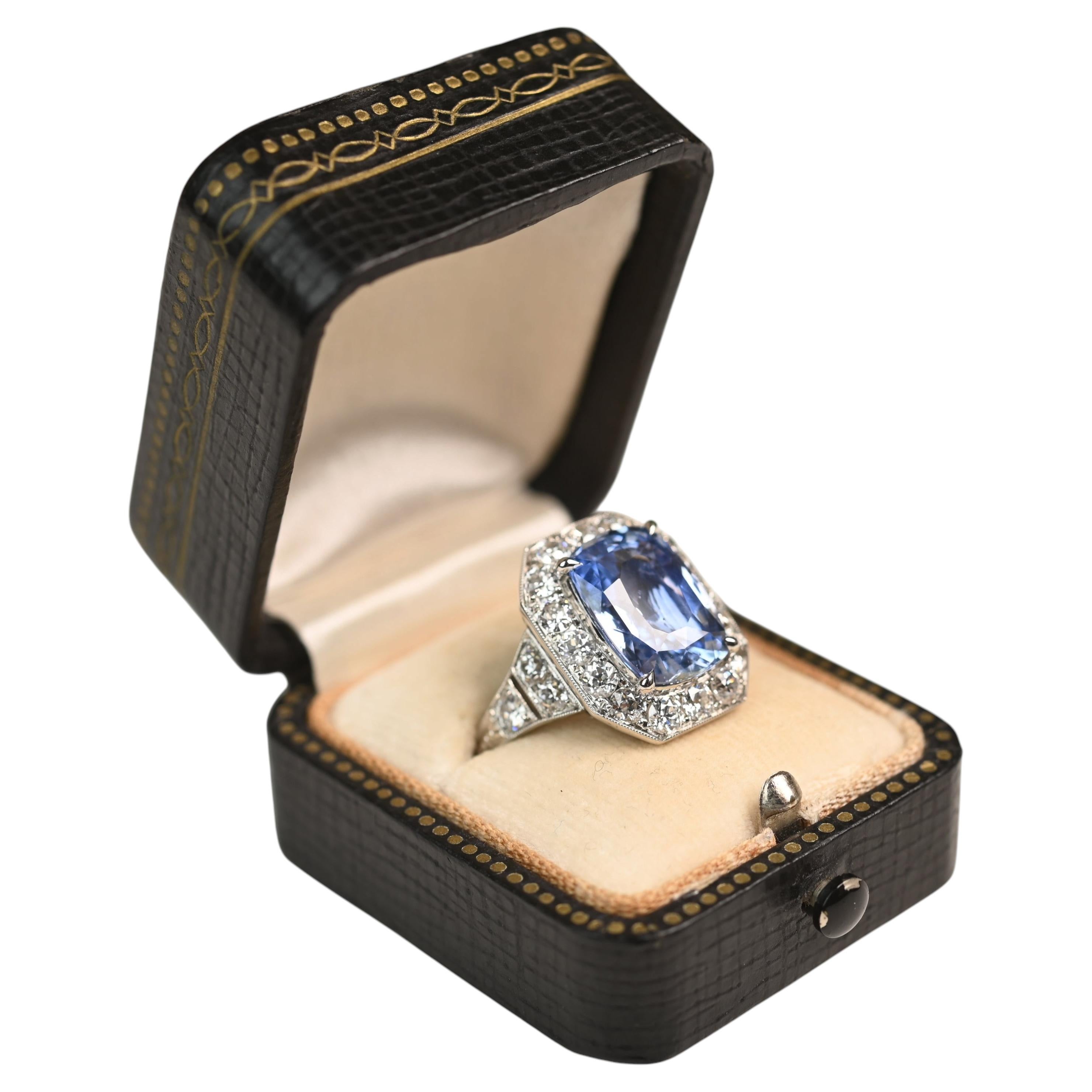 Unheated Ceylon Sapphire Ring. GIA 6.40ct Sapphire Diamond Halo RIng Platinum