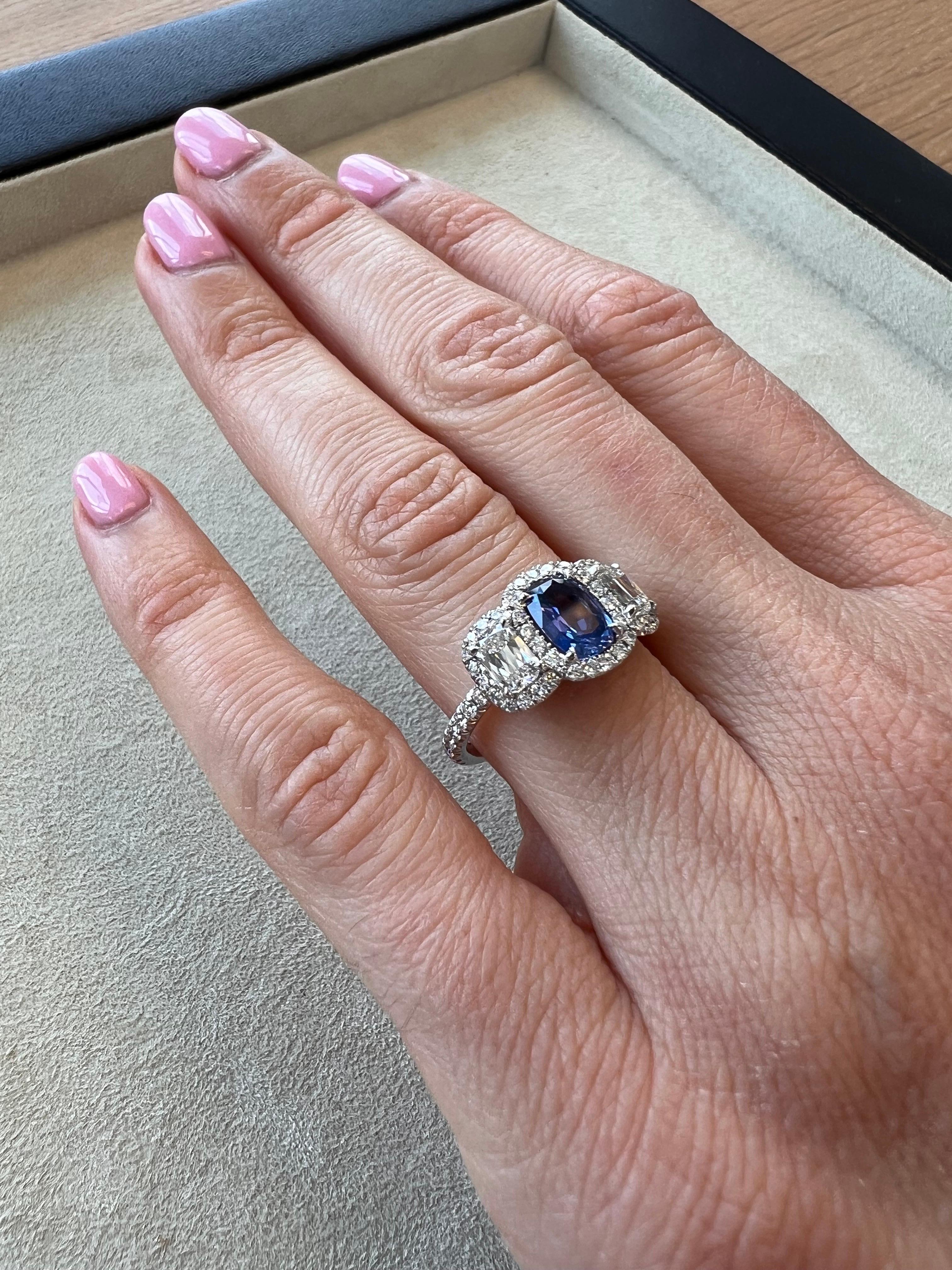 Contemporary Color-Changing Burma Sapphire Platinum Cushion Diamond Ring - Luxury Gift For Sale