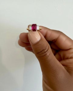 Unheated Emerald Cut Ruby Diamond Engagement Ring 18K Yellow Gold