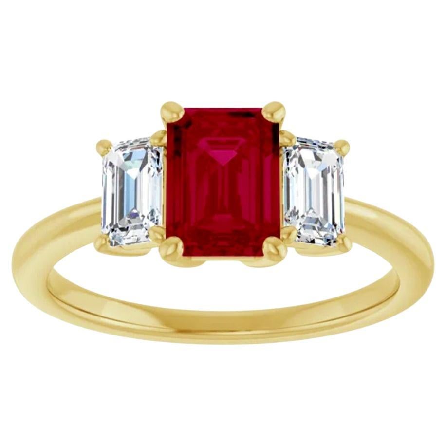 Art Deco Unheated Emerald Cut Ruby Diamond Engagement Ring 18K Yellow Gold For Sale
