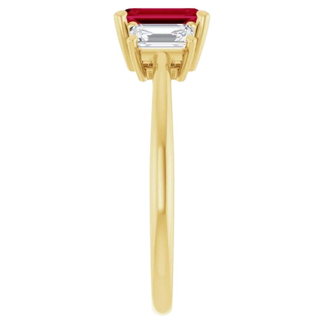 Women's Unheated Emerald Cut Ruby Diamond Engagement Ring 18K Yellow Gold For Sale