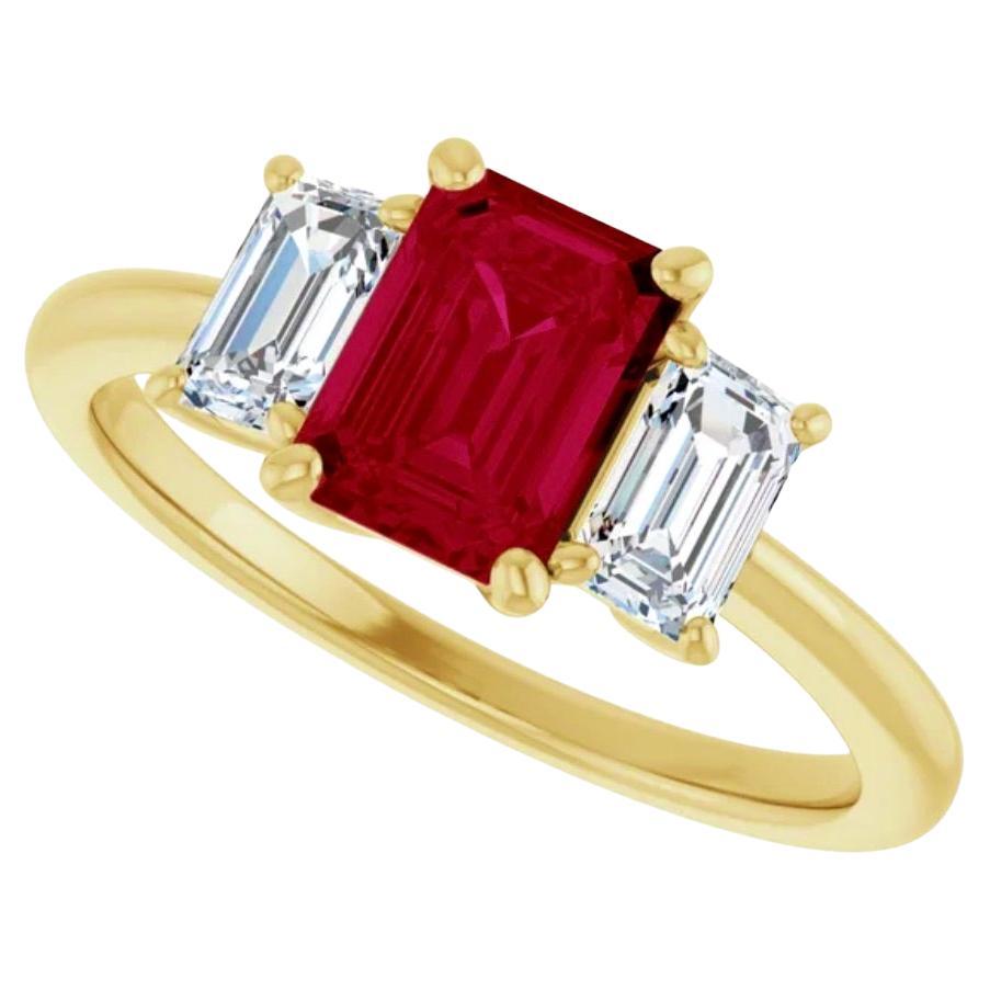 Unheated Emerald Cut Ruby Diamond Engagement Ring 18K Yellow Gold For Sale 1