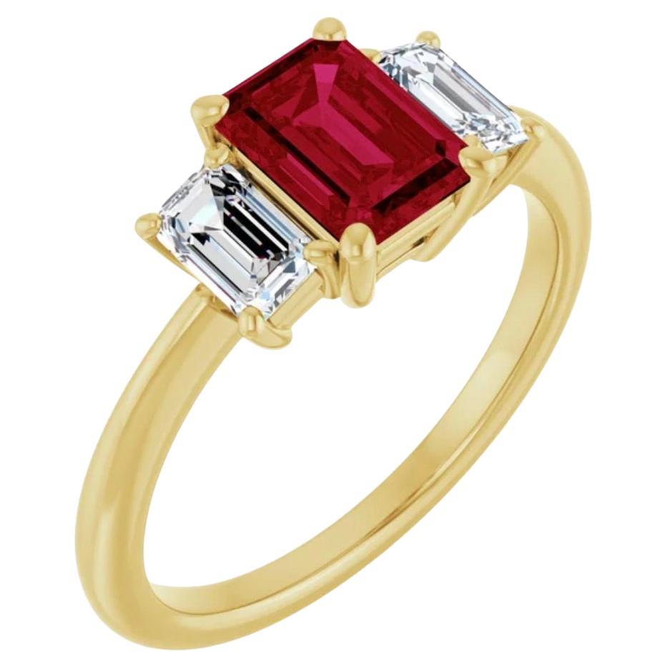 Unheated Emerald Cut Ruby Diamond Engagement Ring 18K Yellow Gold For Sale 2