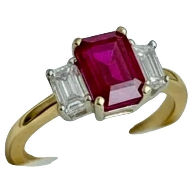 Bague de fiançailles en or jaune 18K avec diamant et rubis non chauffé, taille émeraude