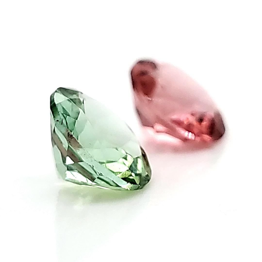 Unheated Green and Red Tourmaline Round pair GRS (Our code ESP 219 B) 

These colors are not the common colors of tourmaline but in fact are in a pastel corner of their own ; neither dark, neither light, but  tones which are pleasant to the eye and