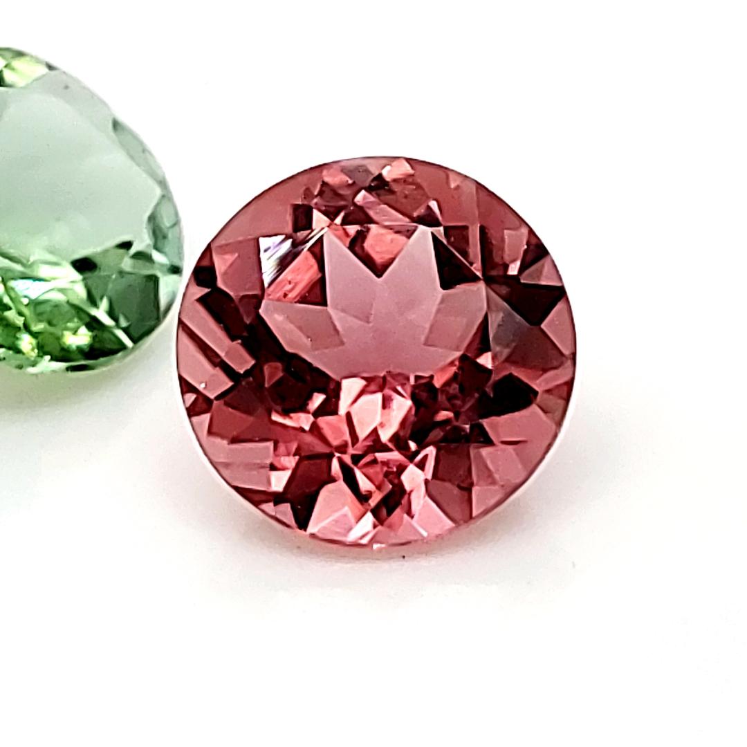 Contemporary Unheated Green and Red Tourmaline Round Pair GRS For Sale