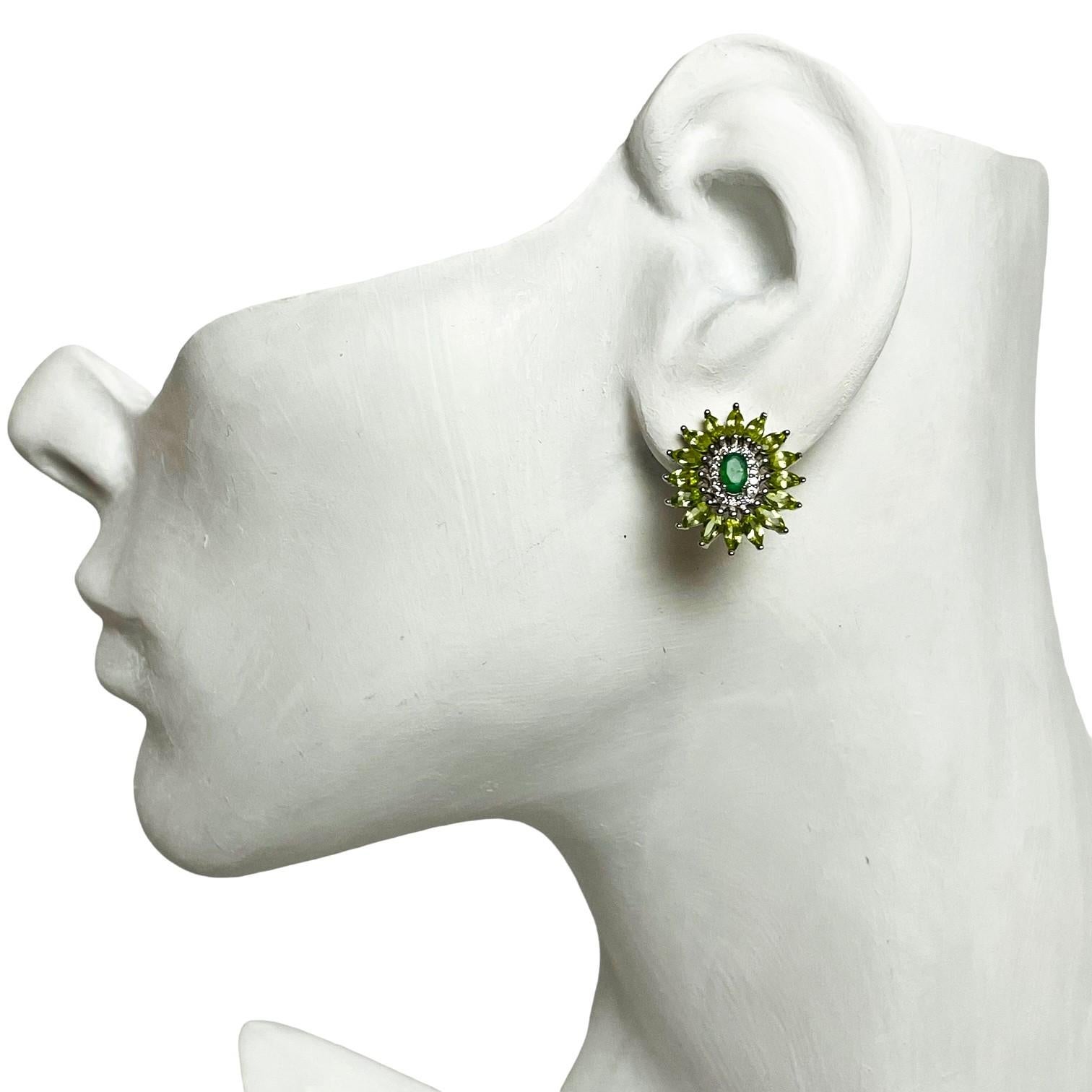 The emerald is 3 x 5 mm and the peridot is 1.25 mm.  The color combination is just beautiful!  They are .75 inches long and 5/8ths inches wide.  They are post style earrings.  The weight in Grams is 3.86.    Please take a look at my store.  Many of