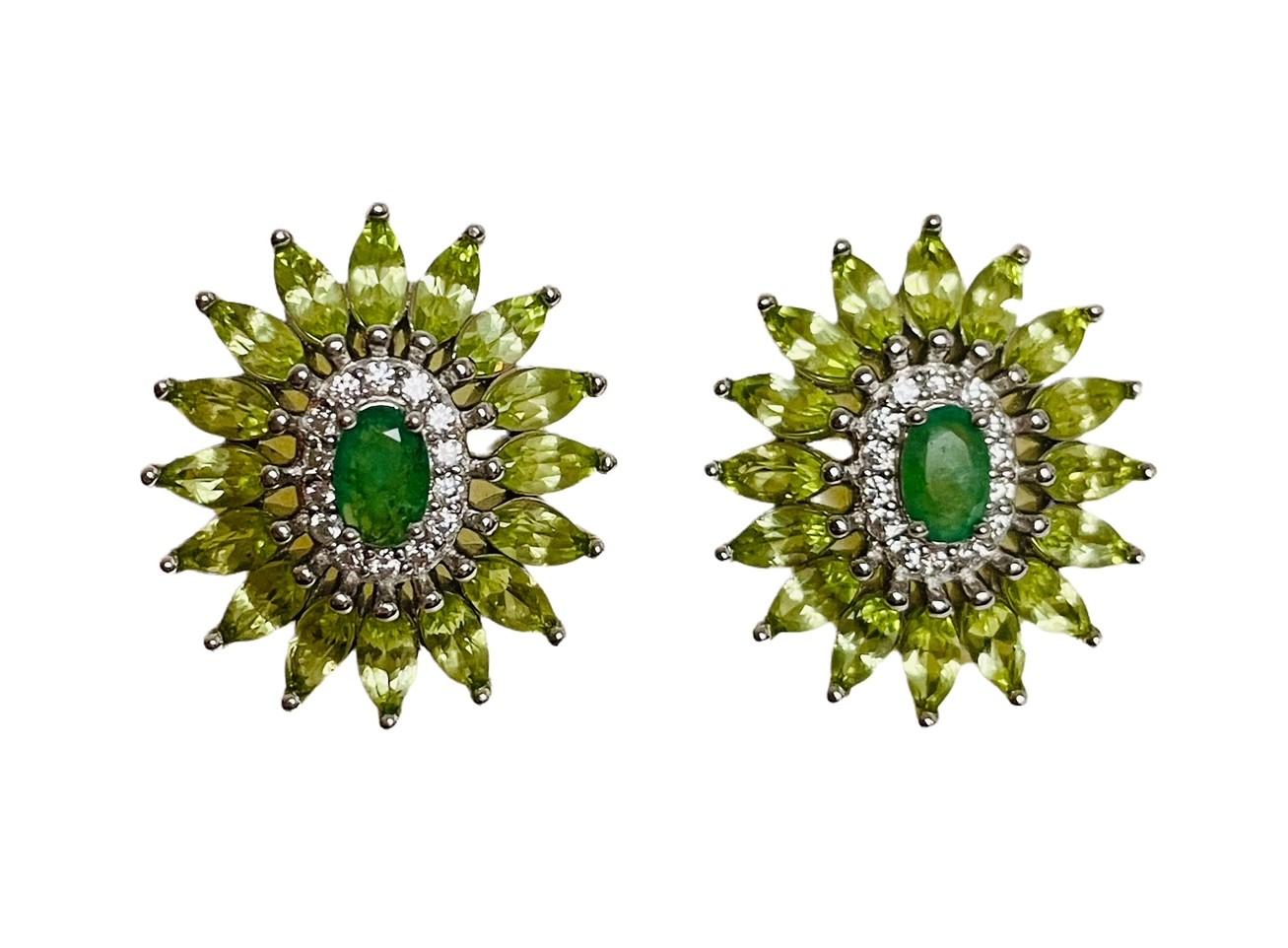 Art Deco Unheated Green Emerald, Peridot & White Cz Stud Earrings 925 Sterling Silver