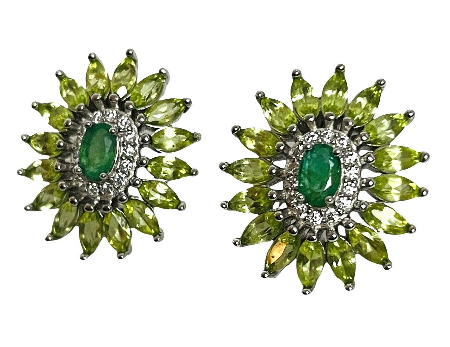 Unheated Green Emerald, Peridot & White Cz Stud Earrings 925 Sterling Silver 1