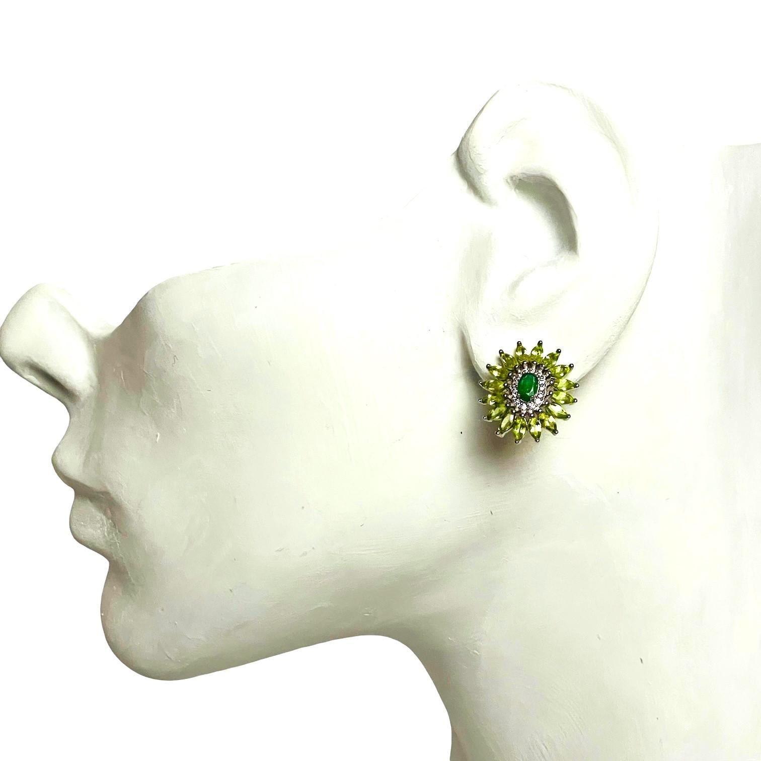Unheated Green Emerald, Peridot & White Cz Stud Earrings 925 Sterling Silver 3