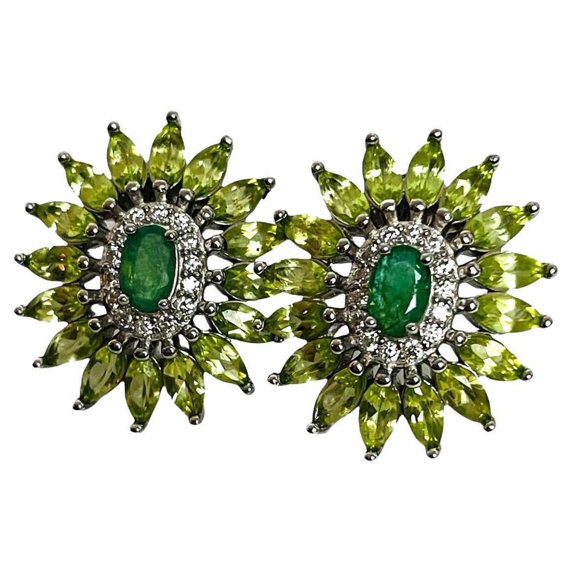 Unheated Green Emerald, Peridot & White Cz Stud Earrings 925 Sterling Silver