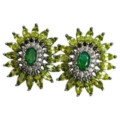 Unheated Green Emerald, Peridot & White Cz Stud Earrings 925 Sterling Silver