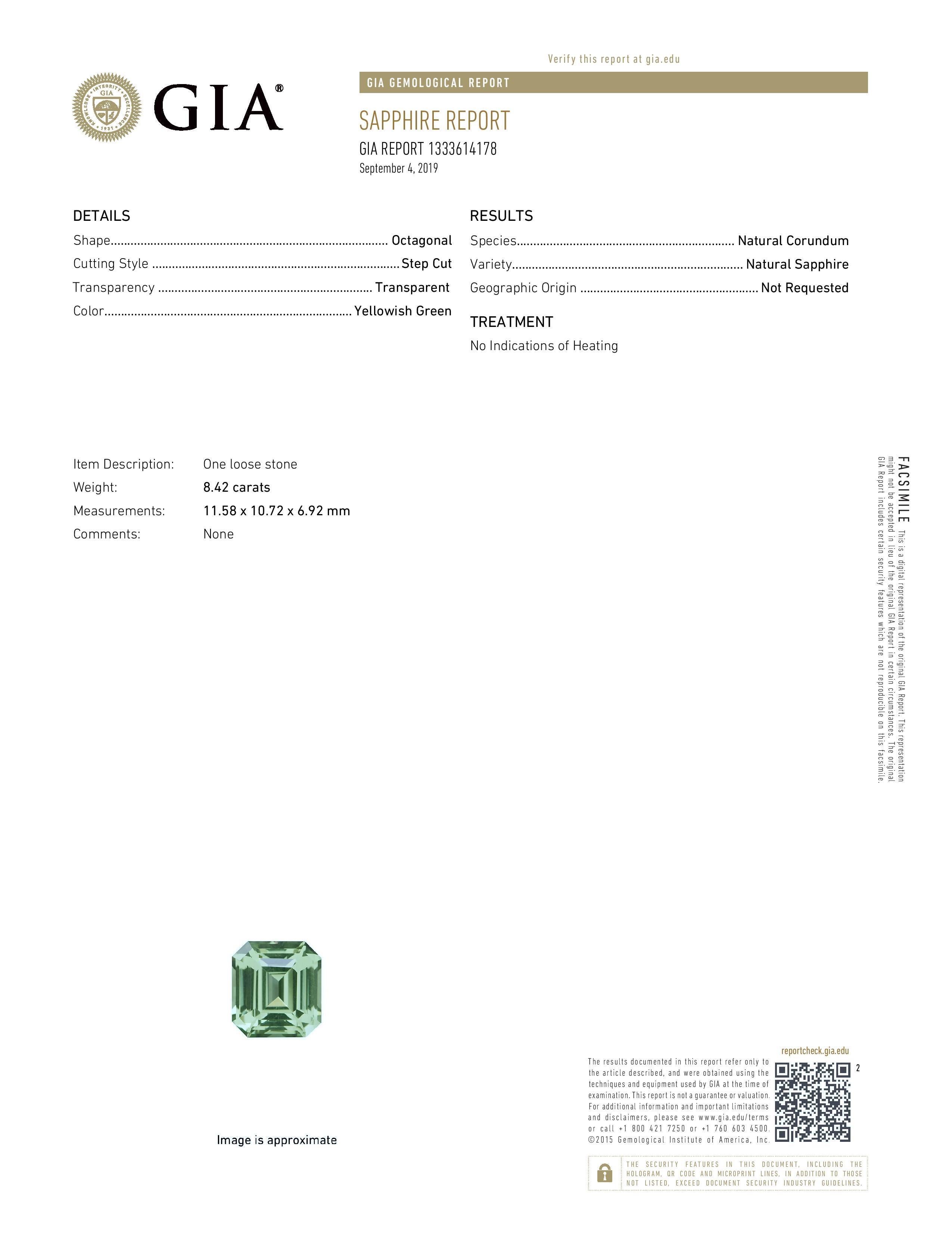 No heat G.I.A certified 8.42 carat Green Sapphire emerald cut. This superb, collection quality gem, is offered loose and would make an exceptional unisex custom made jewelry creation. (Ring, necklace, pendant, bracelet or cuff).
Returns are accepted