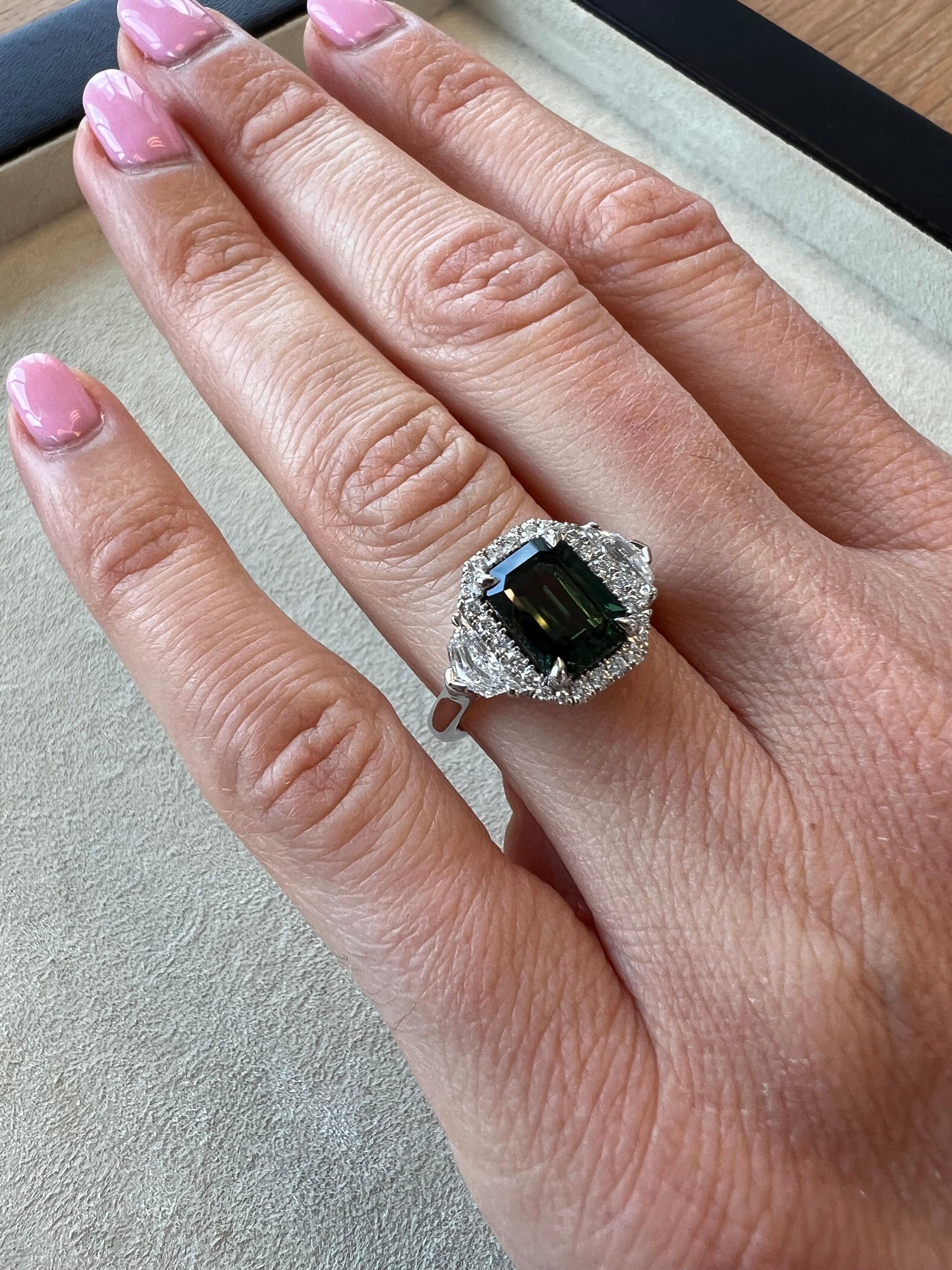 Contemporary Unheated Green Sapphire Ring 3.01 Carat Emerald Cut Natural No Heat For Sale