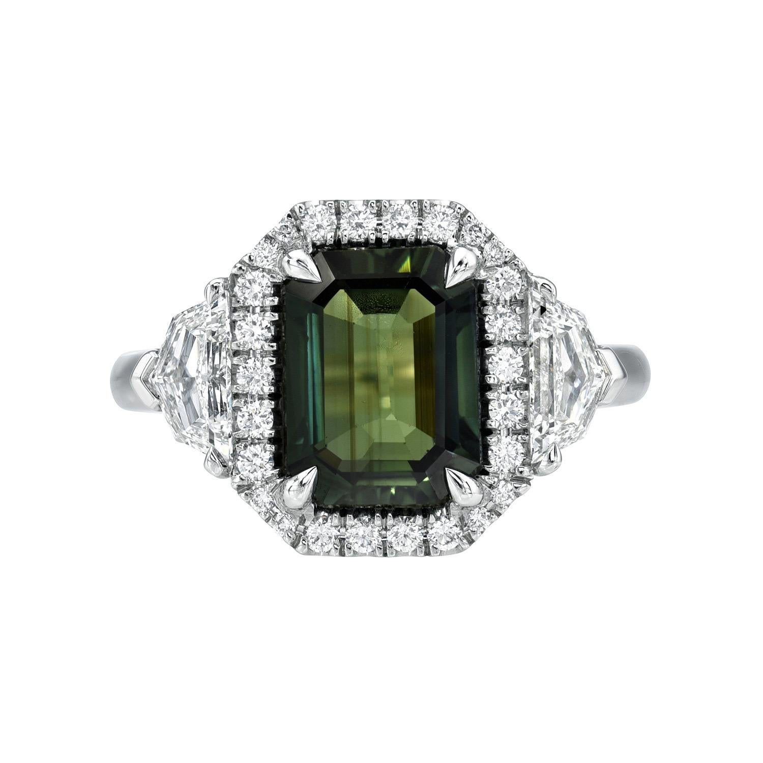 Women's Unheated Green Sapphire Ring 3.01 Carat Emerald Cut Natural No Heat For Sale