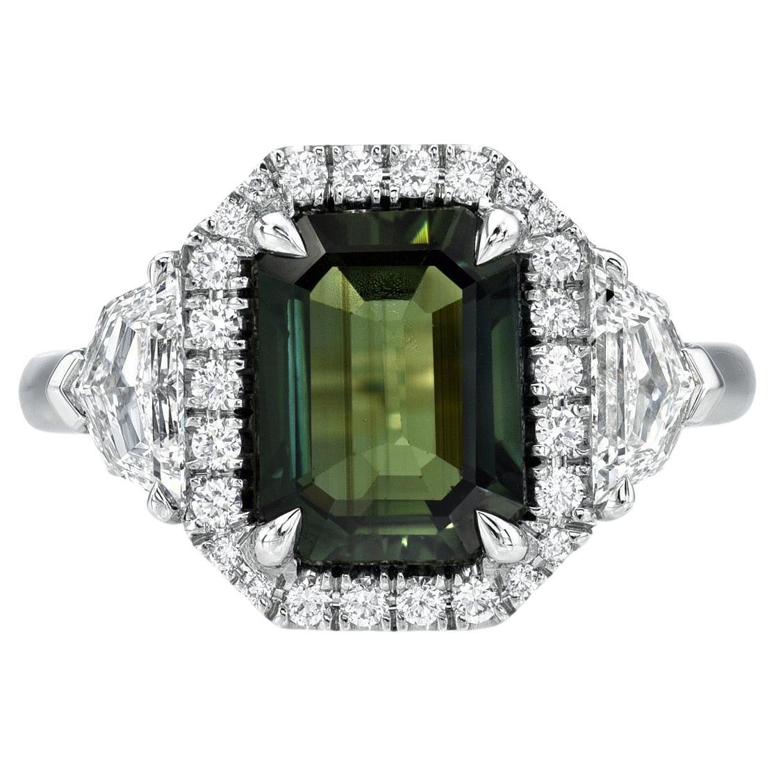 Unheated Green Sapphire Ring 3.01 Carat Emerald Cut Natural No Heat For Sale