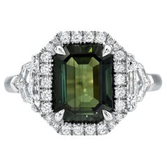 Unheated Green Sapphire Ring 3.01 Carat Emerald Cut Natural No Heat