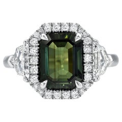 Unheated Green Sapphire Ring 3.01 Carat Emerald Cut Natural No Heat - GIA