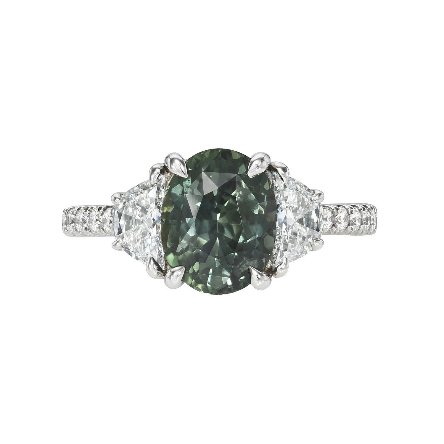 Unheated Green Sapphire Ring 2.58 Carat Oval Natural No Heat In New Condition For Sale In Beverly Hills, CA