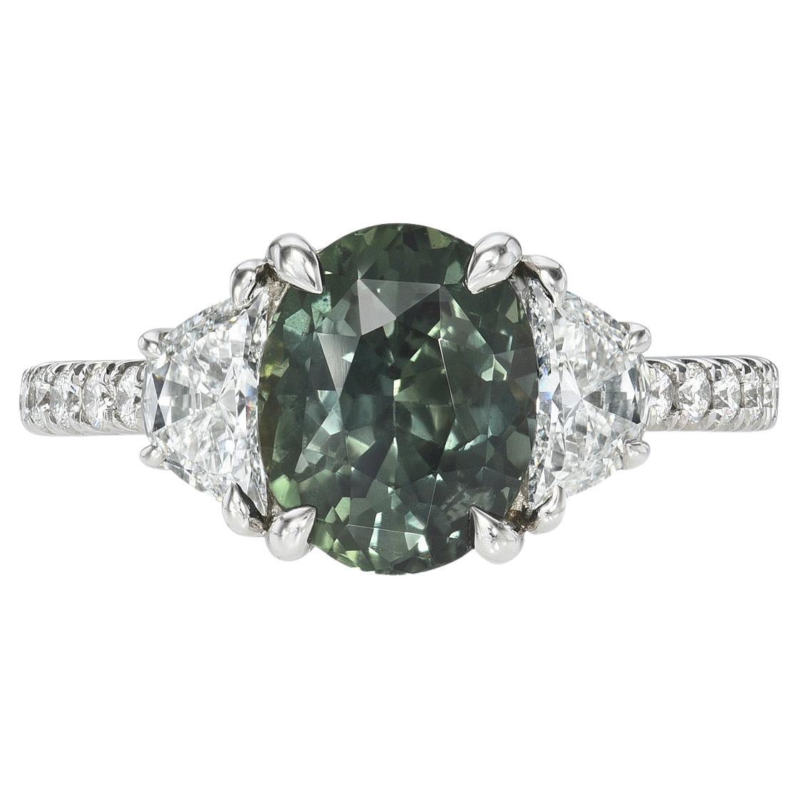 Unheated Green Sapphire Ring 2.58 Carat Oval Natural No Heat For Sale